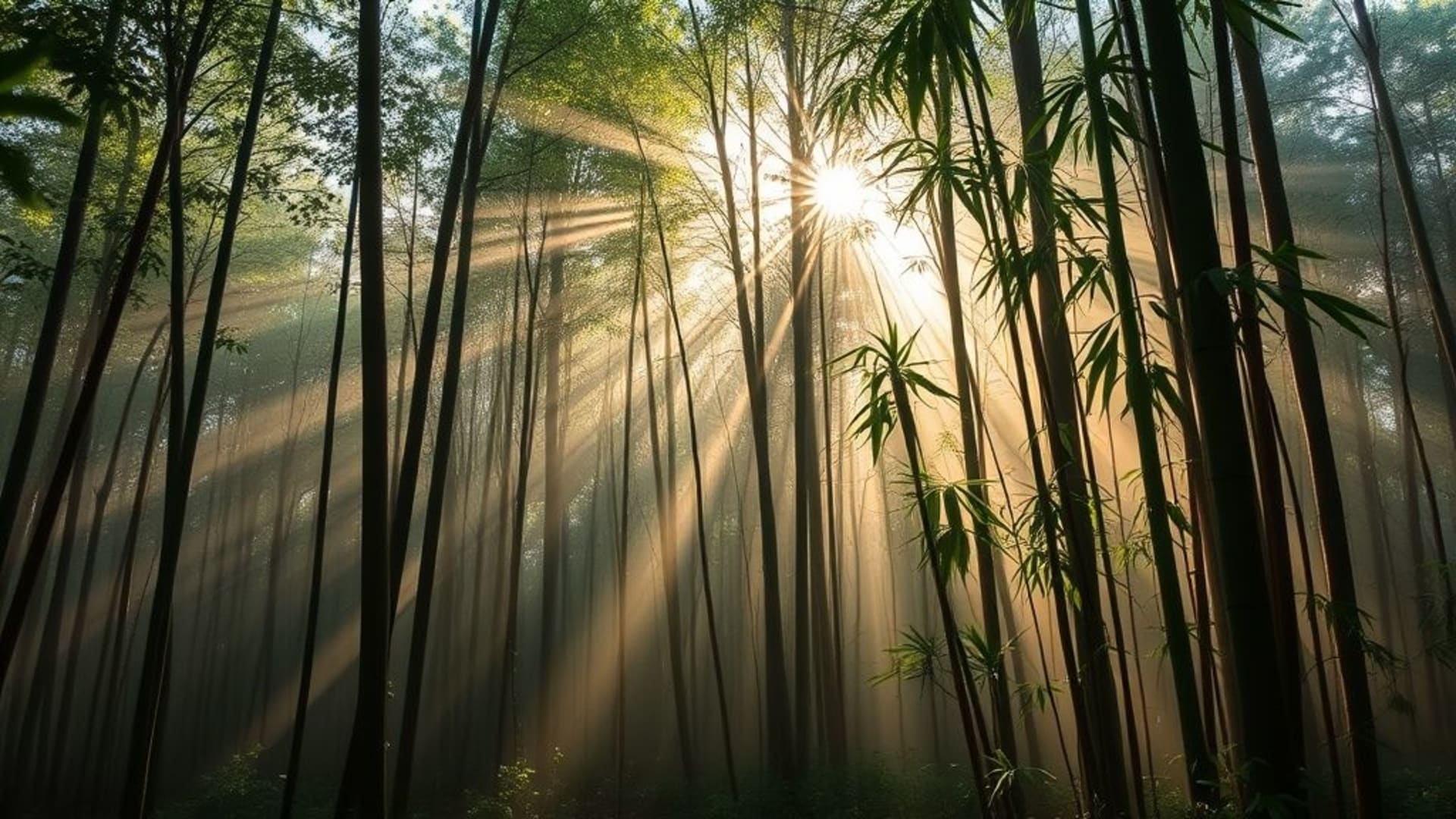 brouillard de forêt rayons de soleil du matin feuilles de bambou paysage naturel paysage tranquille
