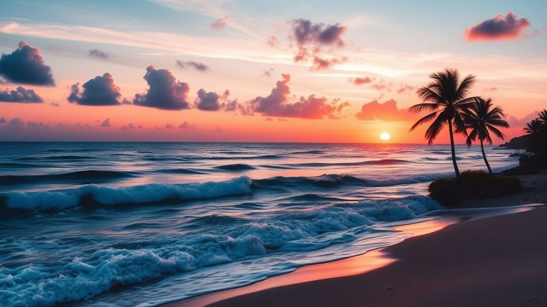 vagues de l'océan plage tropicale coucher de soleil silhouettes de palmiers horizon paisible fond ecran