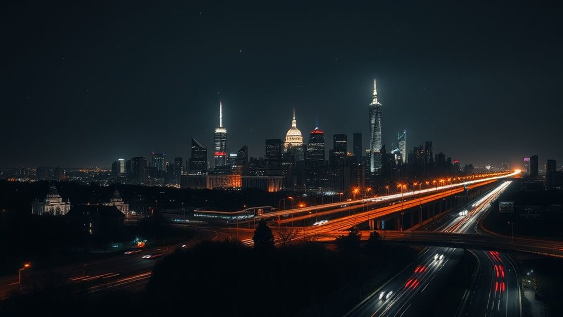 silhouette de la ville à minuit avec la ligne d'horizon, étoiles, trafic faible, longue exposition, nocturne urbaine, néon brillant, pluie, humide, scintillement, rêve, conduite, ambiance, mystérieux