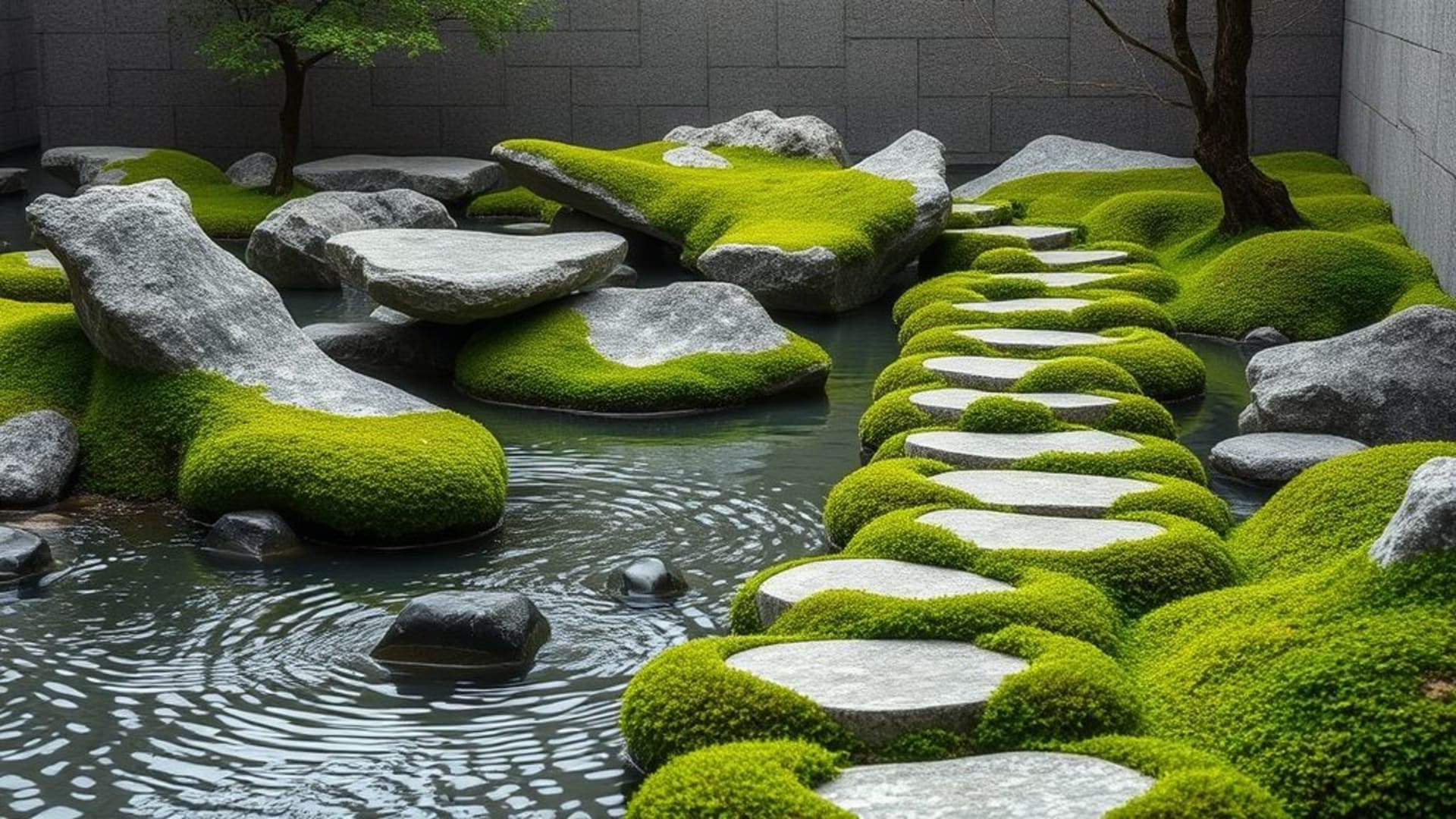 pierres de jardin zen mousse eau ondulations paisible minimaliste fond ecran rocher chemin calme nature équilibre serein gris texture douce design ambiance