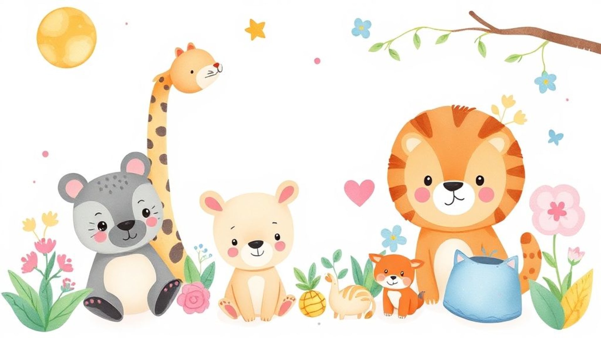 dessin animé animaux mignons aquarelle kawaii pastel chibi fond d'écran chambre d'enfant