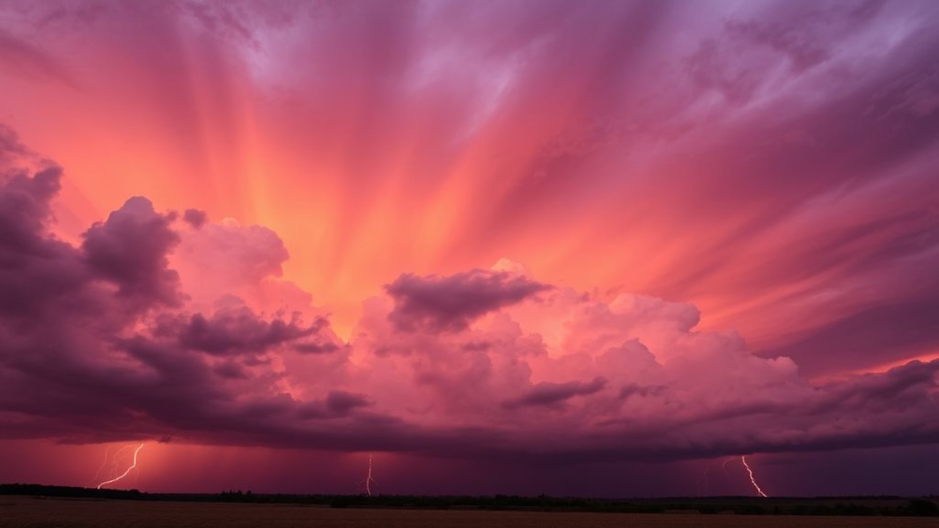 ciel dramatique nuages orageux orange violet éclairs silhouette paysage fond ecran