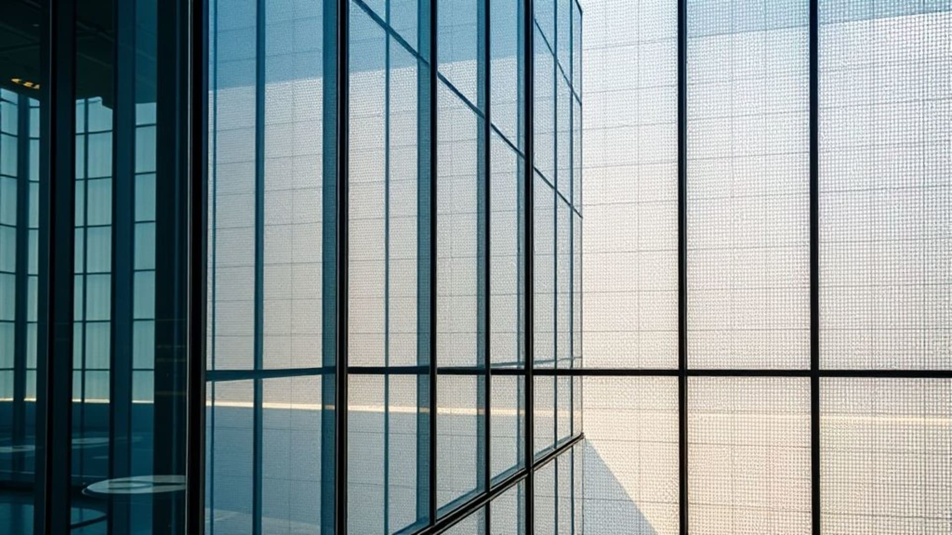 reflet de verre architecture lignes modernes texture vitrifiée fond ecran haute résolution acier contemporain urbain brillant bleuté blanc motif grille miroir ambiance douce