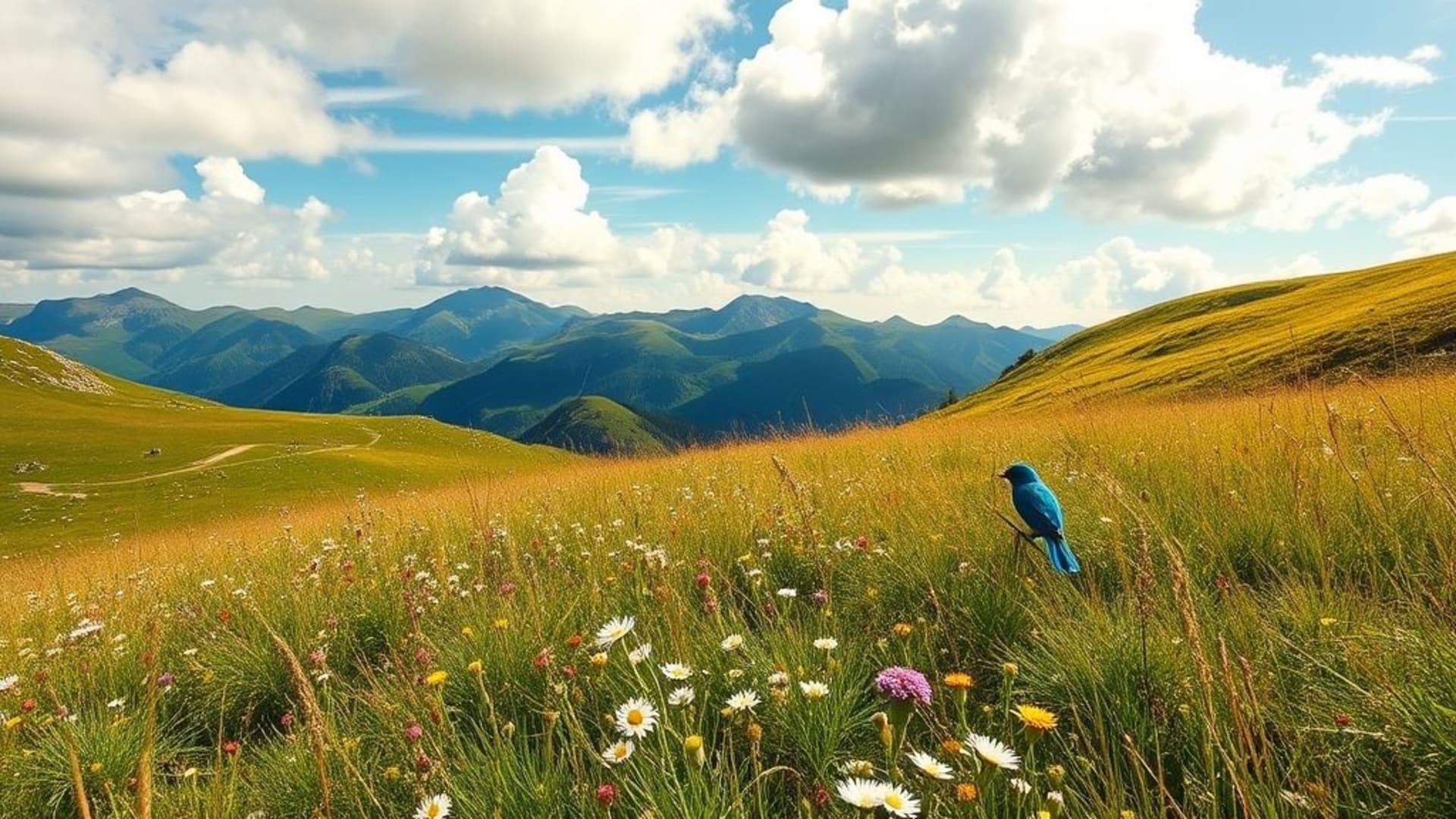 prairie de montagne fleurs sauvages été alpin vent brise ensoleillée fond ecran rouge-gorge flore pâturage ciel ouvert nuages roulant vert frais intact paysage