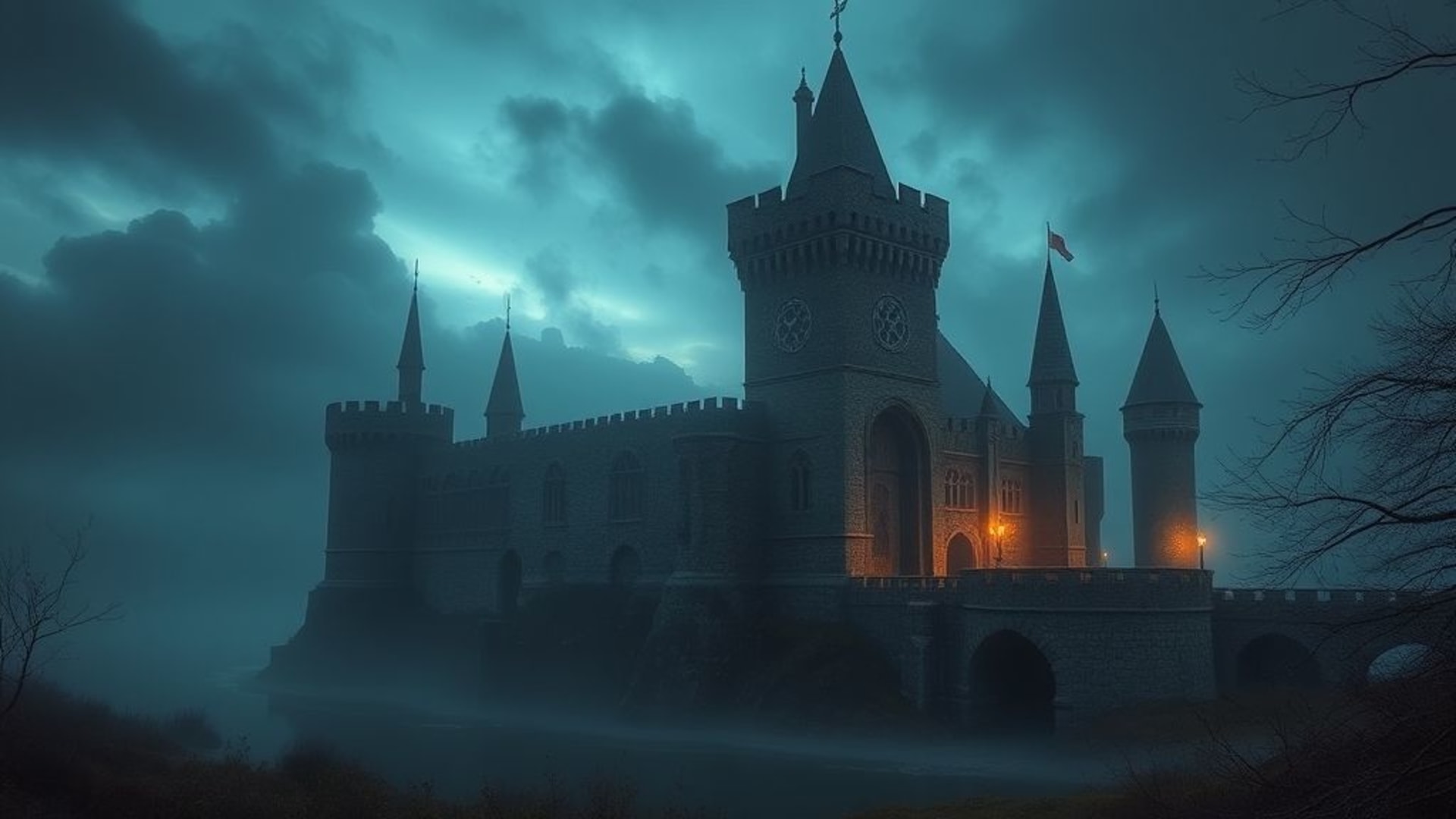 Château médiéval brouillard crépuscule fossé torche lumière fantastique fond ecran épique hdr