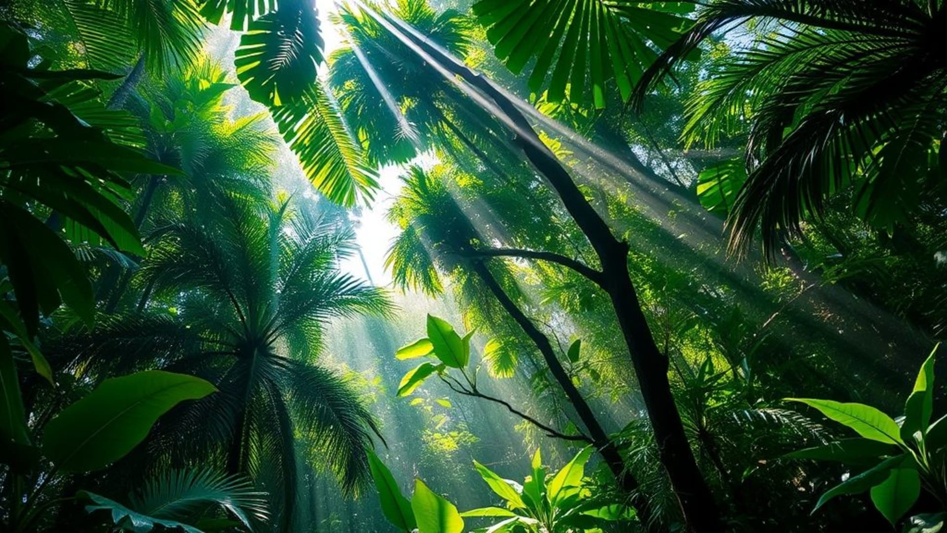 La forêt tropicale luxuriante aux feuilles épaisses ouvre un paravent vert vibrant de flore foisonnante sous la canopée ensoleillée, dans l'humidité, où un tapis de brume révèle la biodiversité infinie de ses multiples nuances sur le sol forestier.