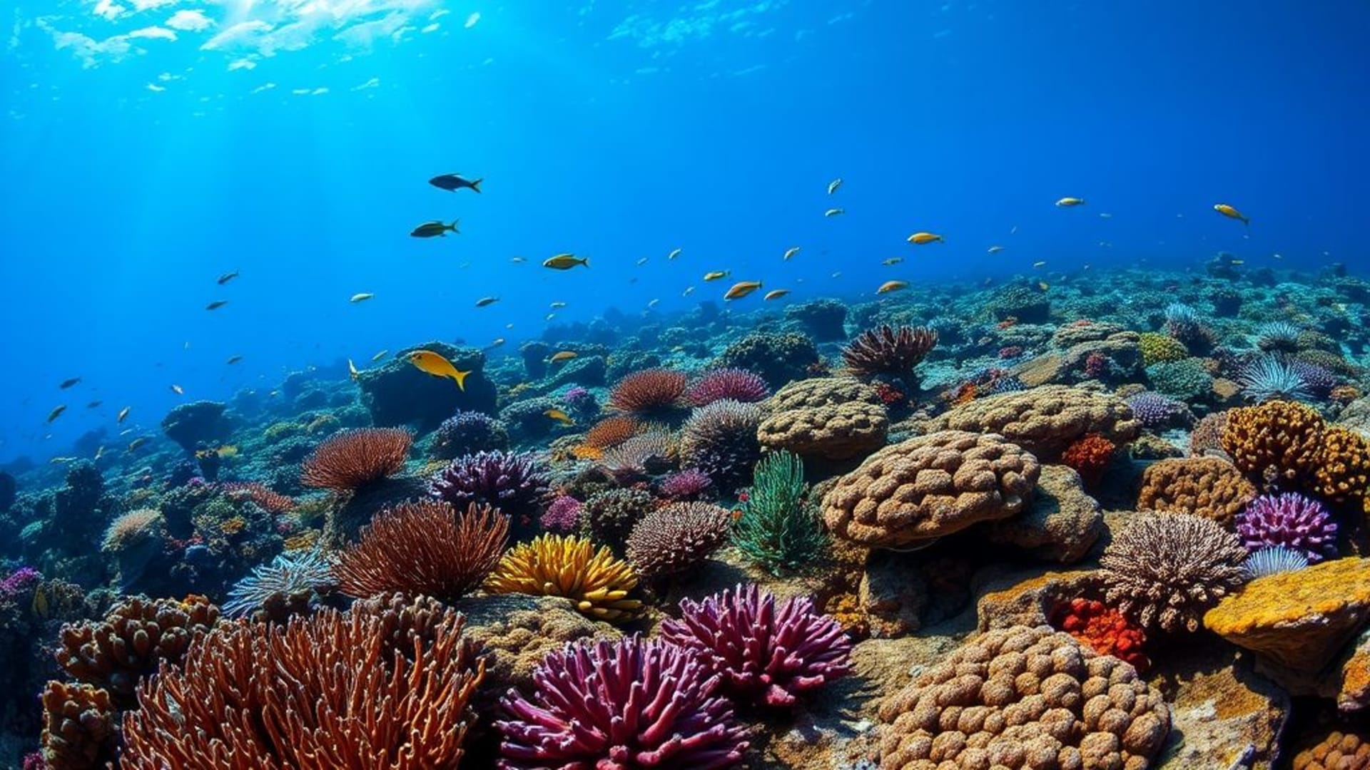 fond marin récif de corail poissons de récif tropical fond ecran océan bleu rayons de soleil
