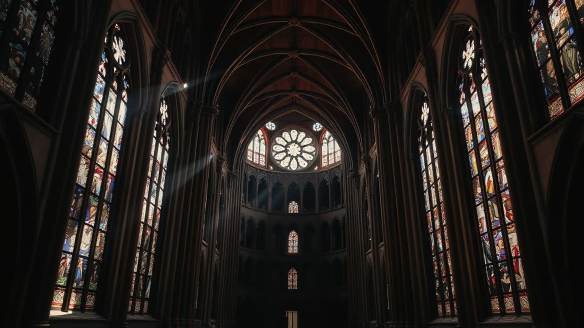 vitrail de cathédrale gothique rayons de lumière intérieur sombre architecture fond ecran