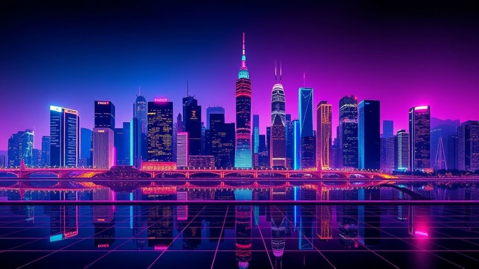 ciel nocturne de la ville néon, skyline synthwave, grille chromée, reflets colorés, dégradé, abstrait, géométrique