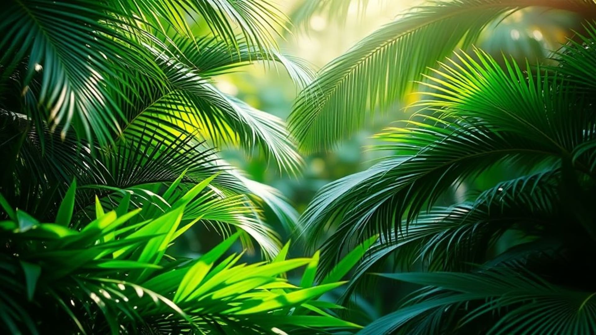 feuilles de jungle tropicale luxuriante forêt de palmiers émeraude lumière du soleil flou mat aquarelle