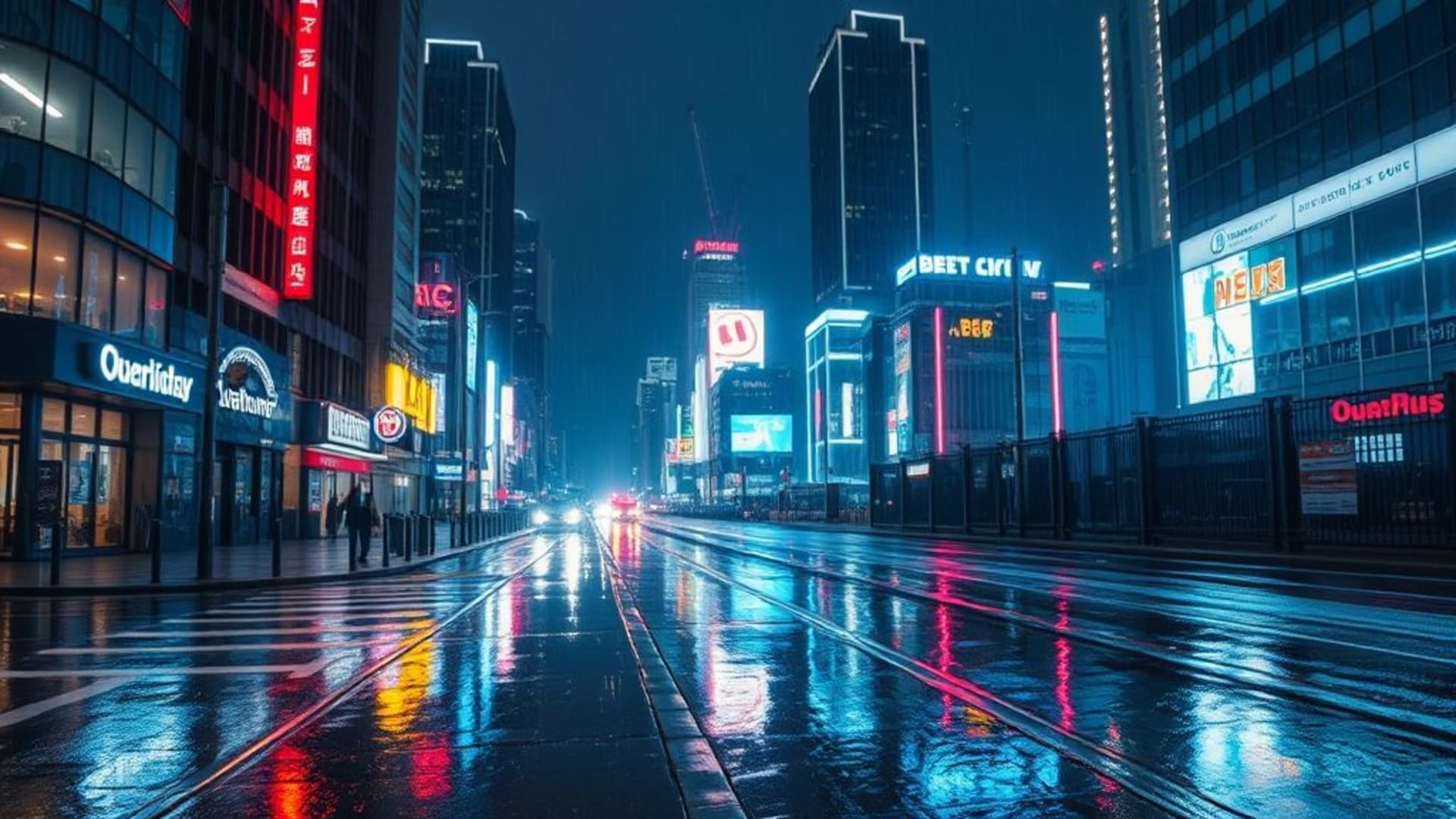 Paysage urbain cyberpunk éclairé au néon sous pluie, longue exposition, reflets, nuit pluvieuse, grille numérique