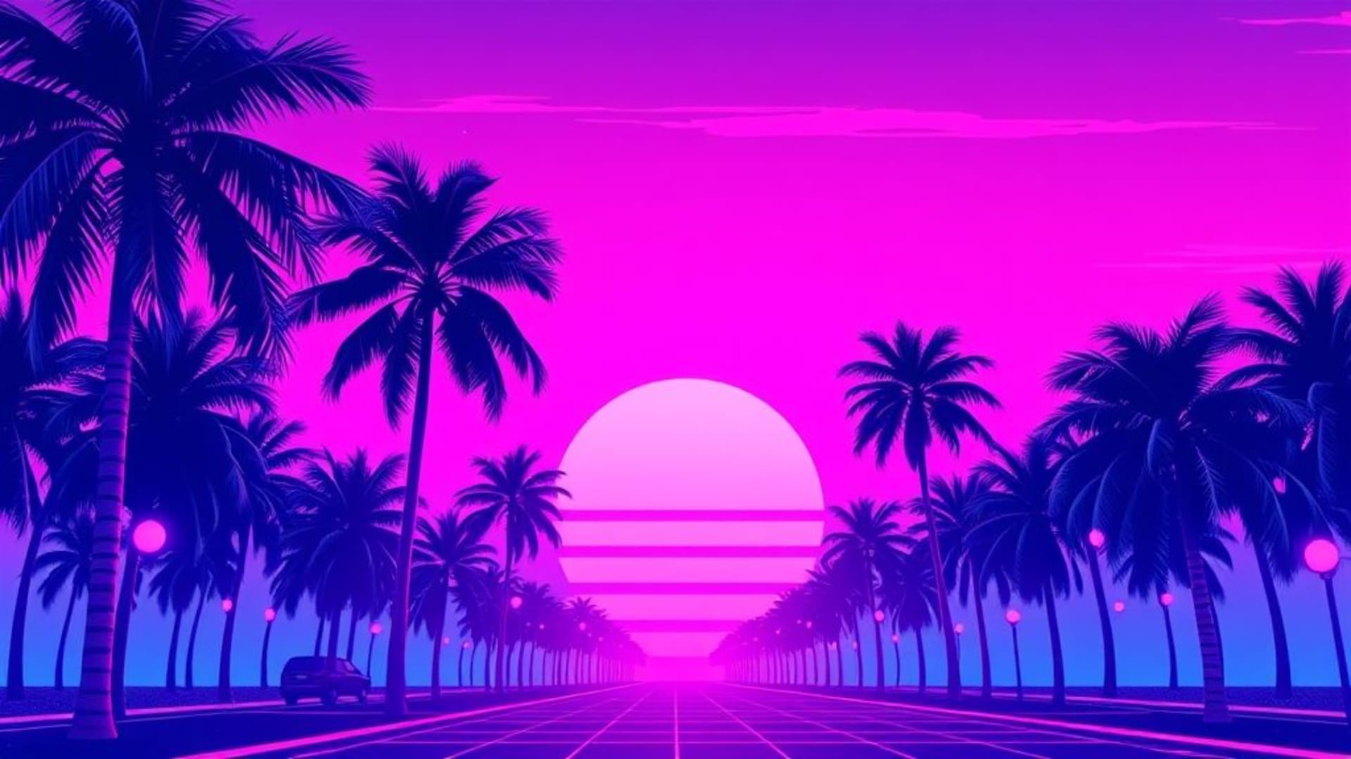crépuscule vaporwave rétro palmiers grille néon des années 80 fond ecran violet rose bleu cyan