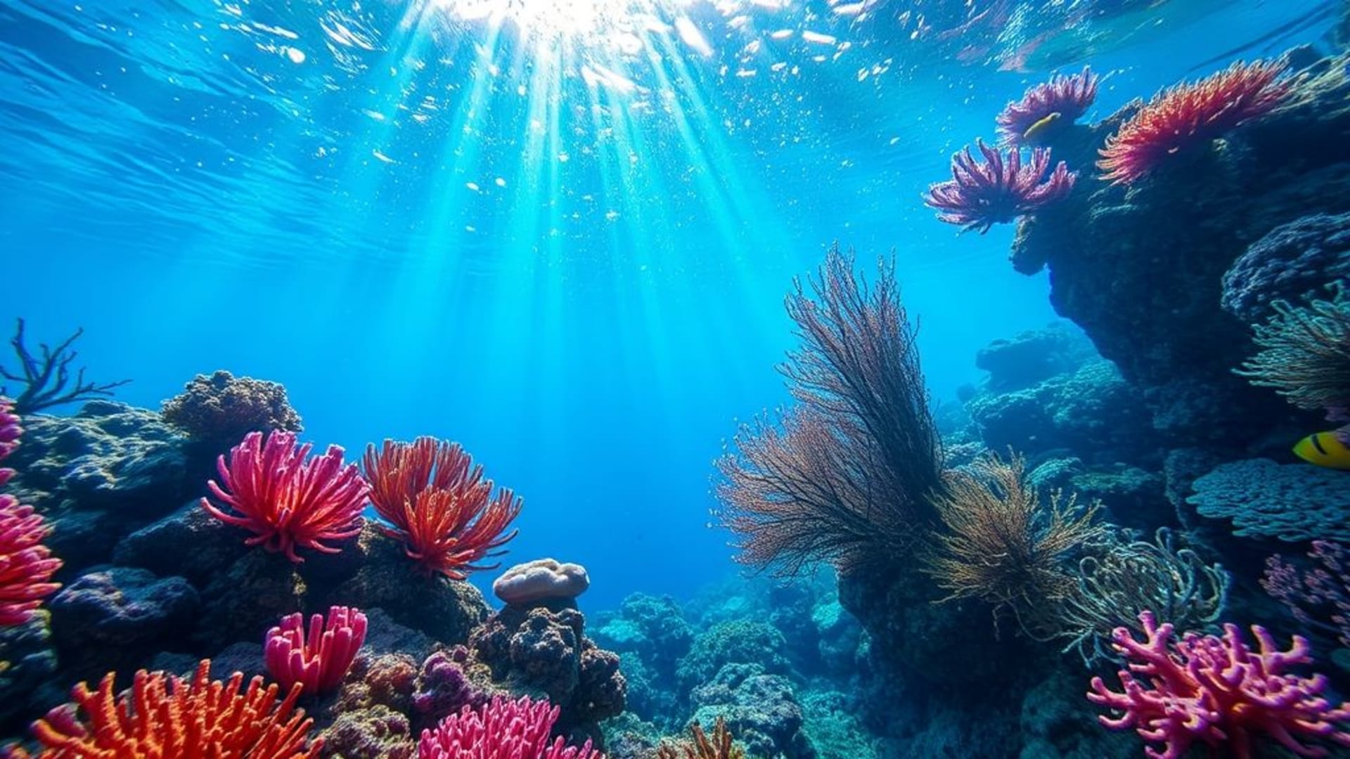 récifs coralliens sous-marins aux couleurs vives rayons de lumière eau fond ecran tropical aquatique bleu turquoise