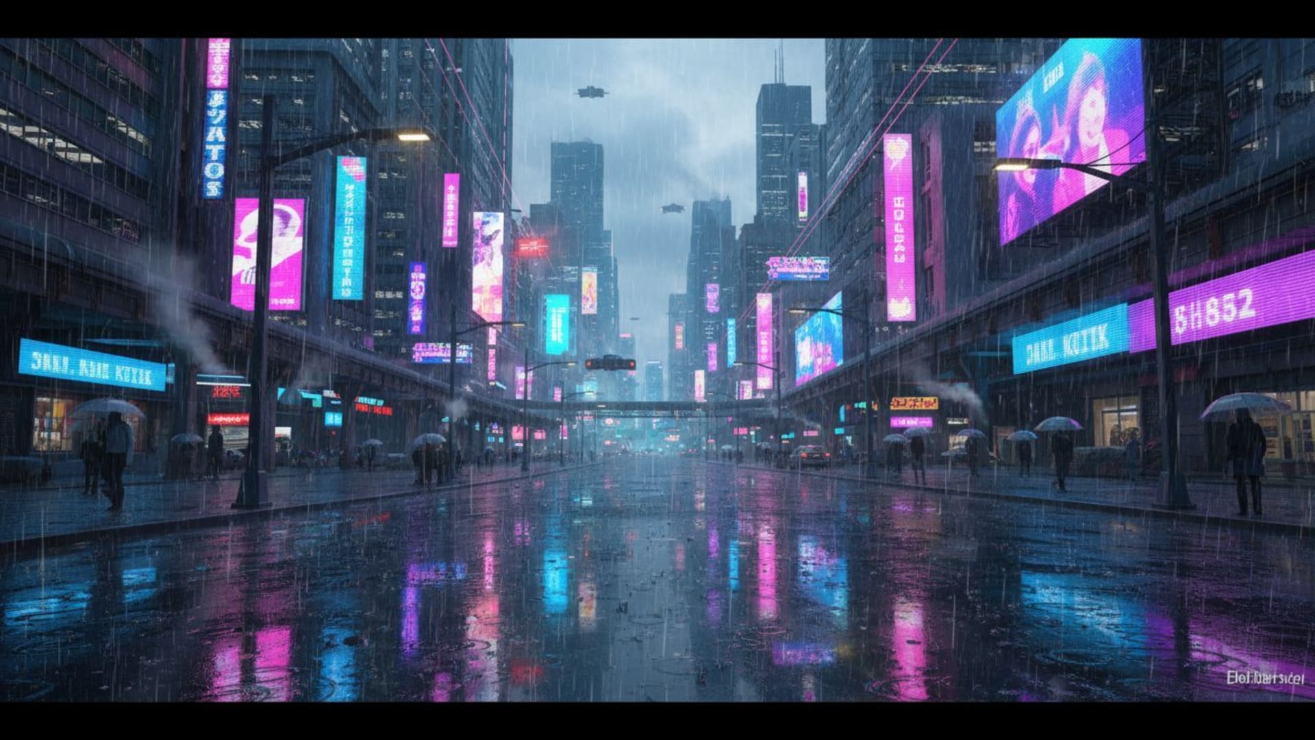 Un paysage urbain cyberpunk néon, futuriste, au crépuscule, sous la pluie, avec des reflets, une ambiance sombre et des motifs moirés.