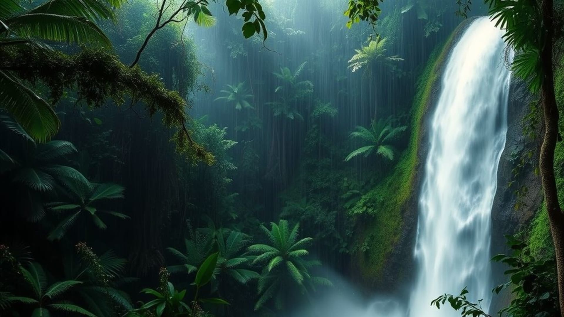 brouillard de forêt tropicale de mousson cascade luxuriante verte clair de rayons fond ecran tropical pluie flore faune texture