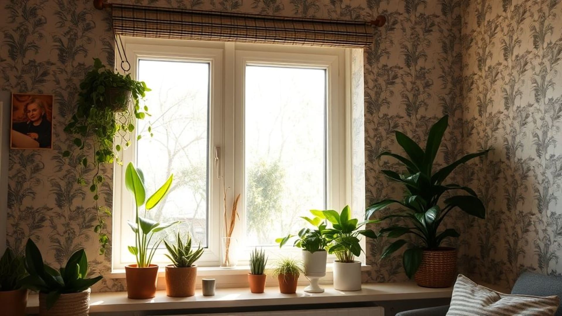 Plantes d'intérieur sur le rebord de la fenêtre ensoleillé, cozy, chaud, éclairage naturel, fond ecran, décoration intérieure scandinave, neutre, texture, verdure