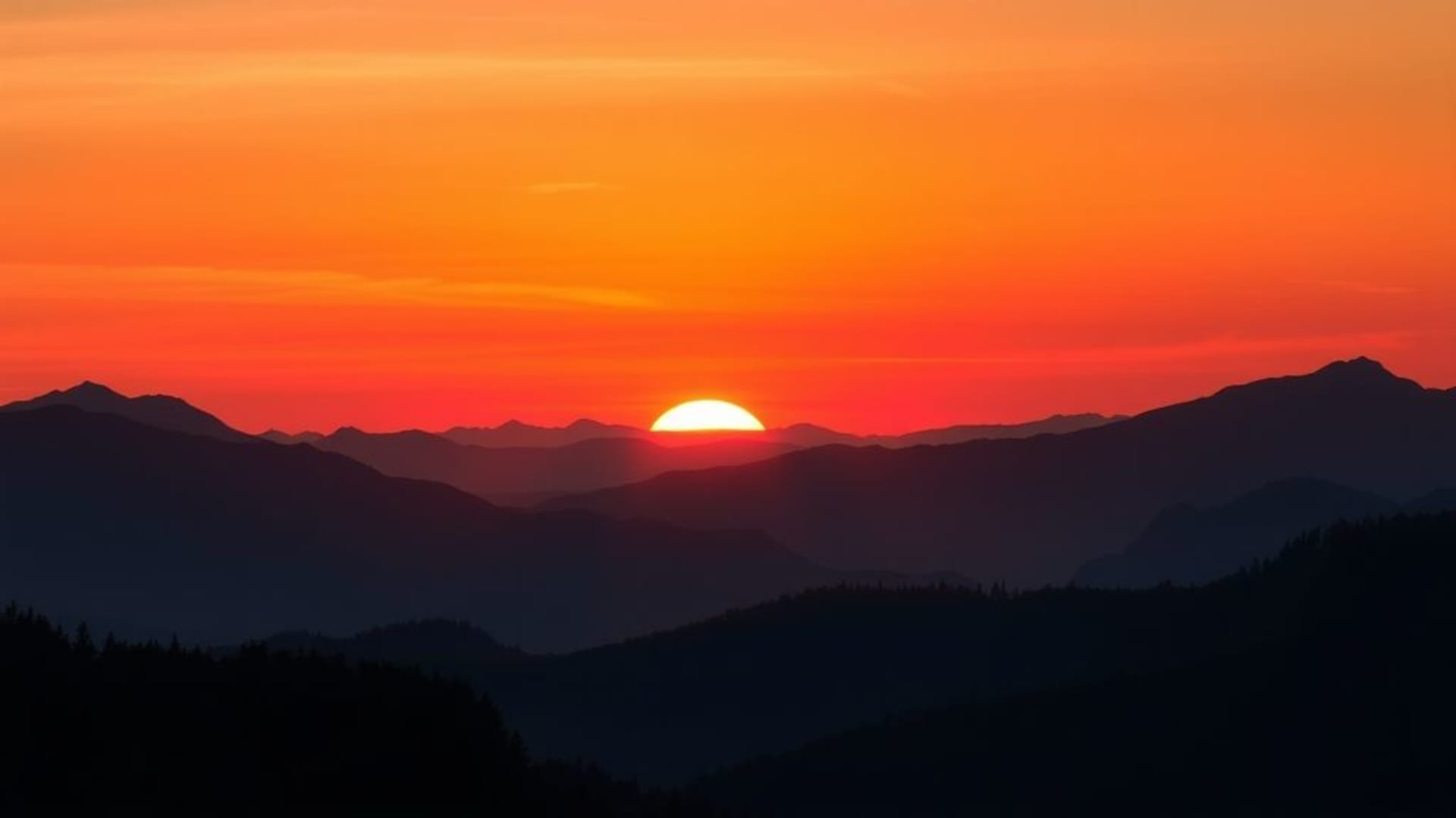 paysage alpin en silhouette à Sunset Hills décors de dégradé chaud fond ecran soirée crépuscule disparition lumière atmosphérique éclat