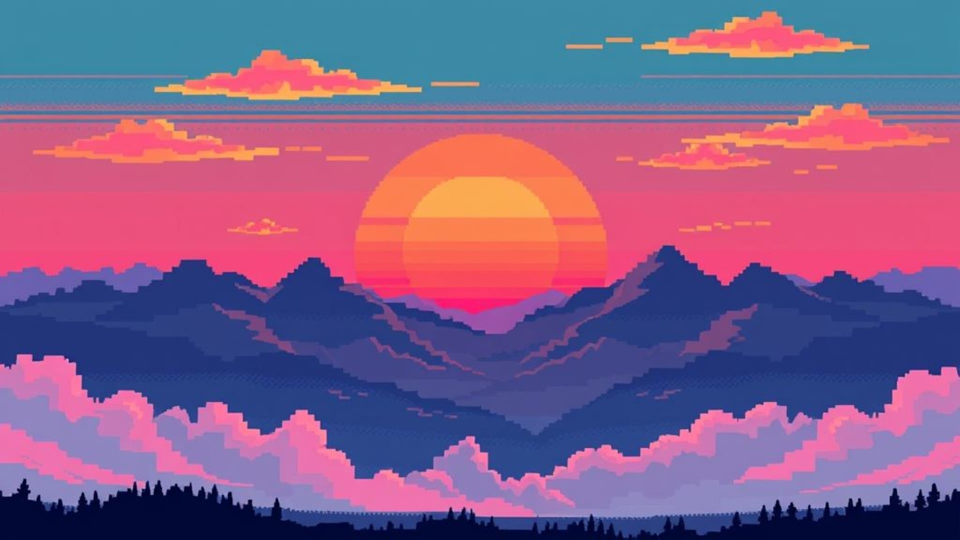 Paysage rétro en pixel art 8 bits avec lever de soleil montagnes nuages fond en grille
