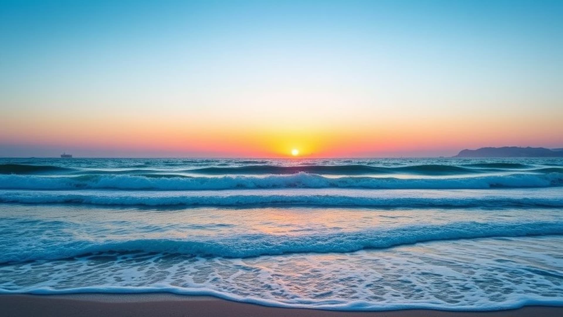 Vagues de plage océanique lever du soleil sur la mer couleurs tropicales texture du sable scintillement du soleil eaux calmes paysage marin coucher de soleil dégradés ciel pastel lumière douce dégradés de bleu récif port silhouettes