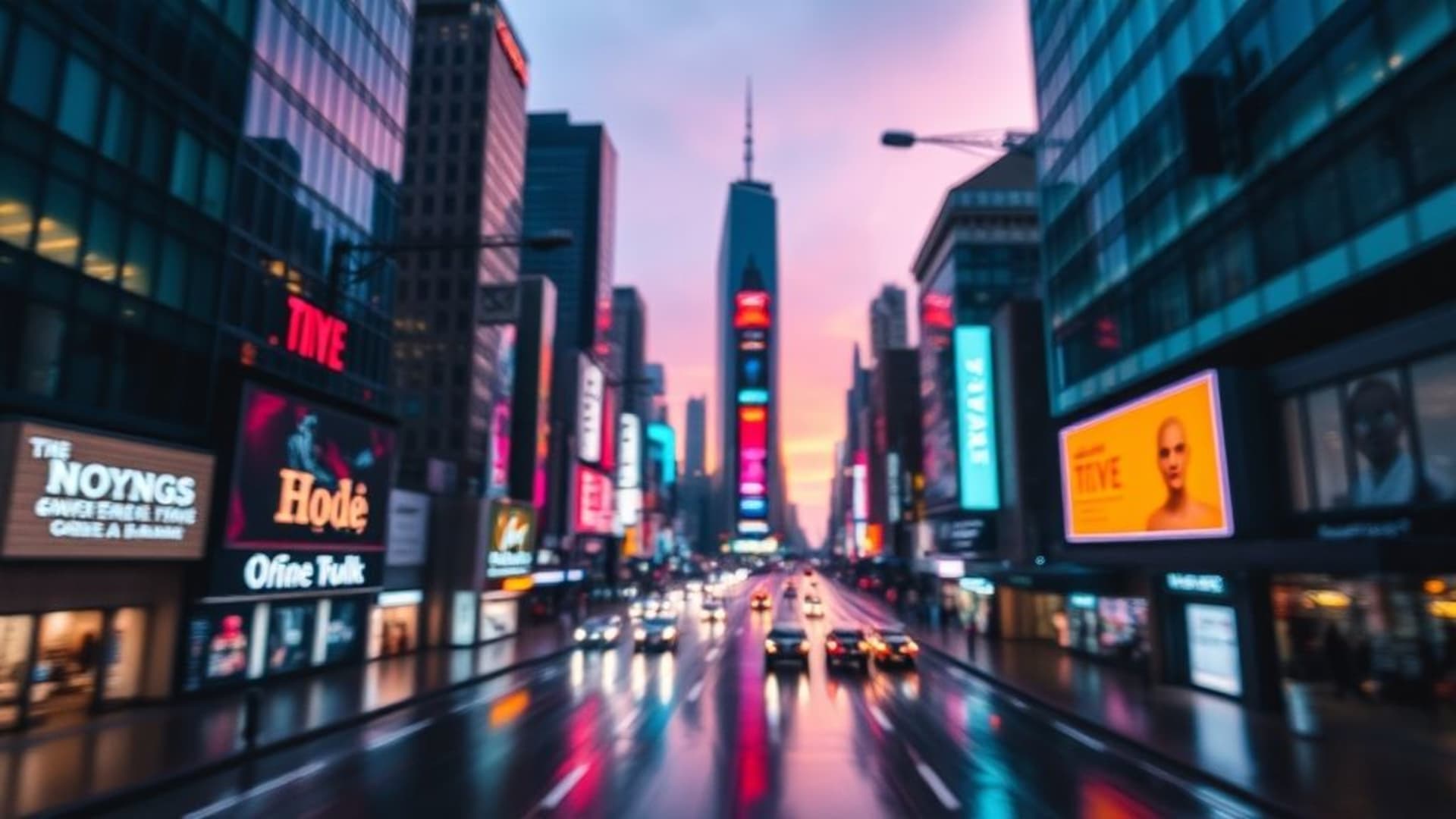 Nuit urbaine enseignes au néon cyberpunk rues pluvieuses gratte-ciel en verre bokeh ville géométrie urbaine skyline nocturne crépuscule réseau électrique reflets flou de mouvement ville futuriste métropole