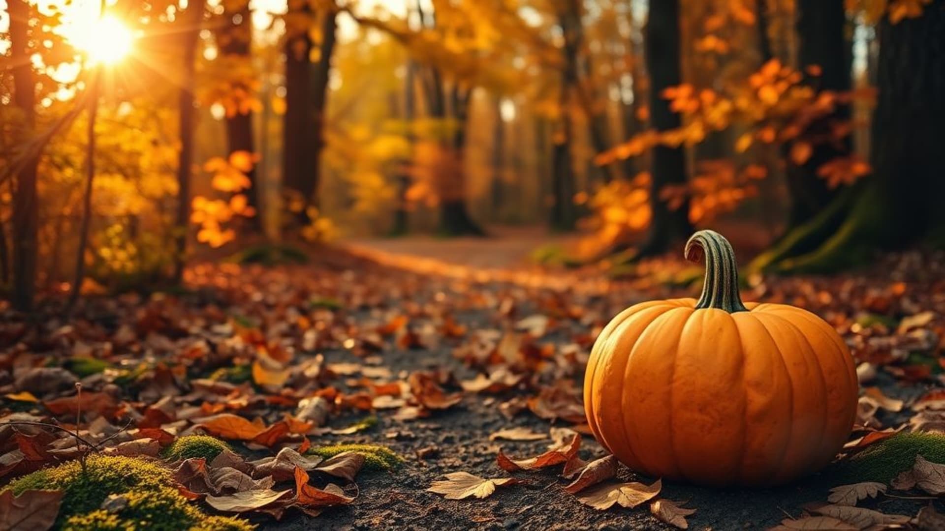 les couleurs d'automne de la chutes, la texture des feuilles de citrouille, le sentier boisé, l'heure dorée, les feuilles éclairées par le soleil, le sol de la forêt, la mousse, les feuilles mortes, l'ambiance chaleureuse, les tons de terre