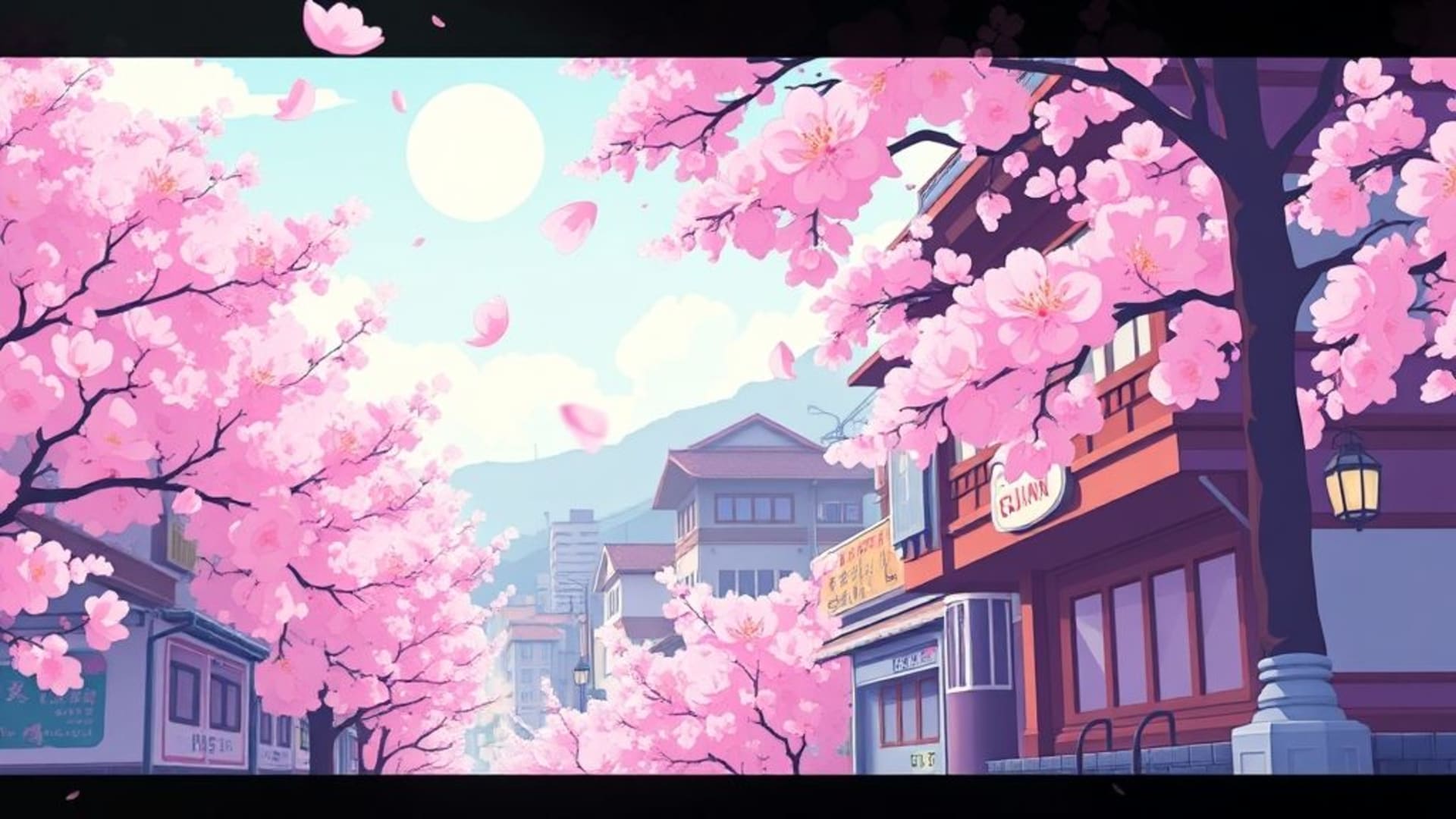esthétique anime fond d'écran neon ville anime cerisiers kawaii pixel art style manga rétro anime art 2D art vectoriel