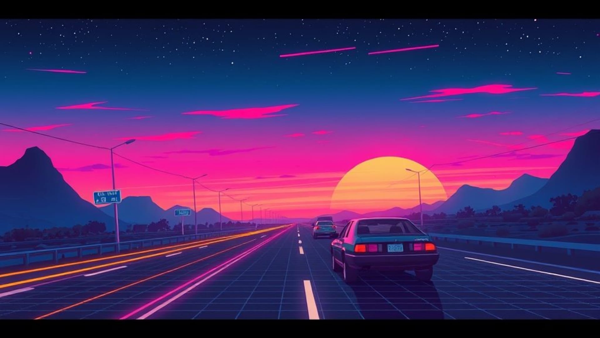 Rétro-futurisme des années 80 synthwave néon grille coucher de soleil conduite cyberpunk coucher de soleil vaporwave coucher de soleil numérique art lo-fi art glitch couleurs psychédéliques motif en grille dégradé chromé