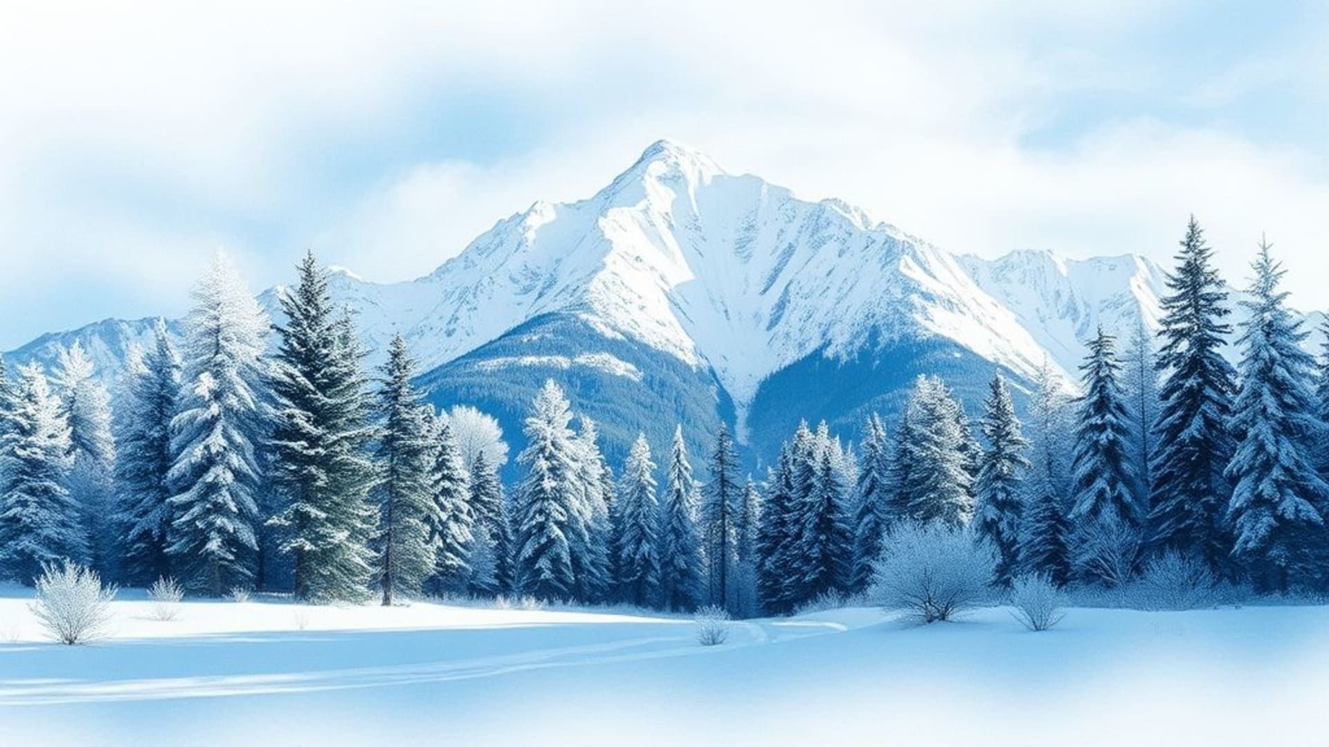 Paysage d'hiver en aquarelle de montagne avec des arbres givrés, glacier, cristaux de glace bleue, crête enneigée, matin alpin froid, lumière bleue, poudre de neige, matinée du nord, calme, gel.