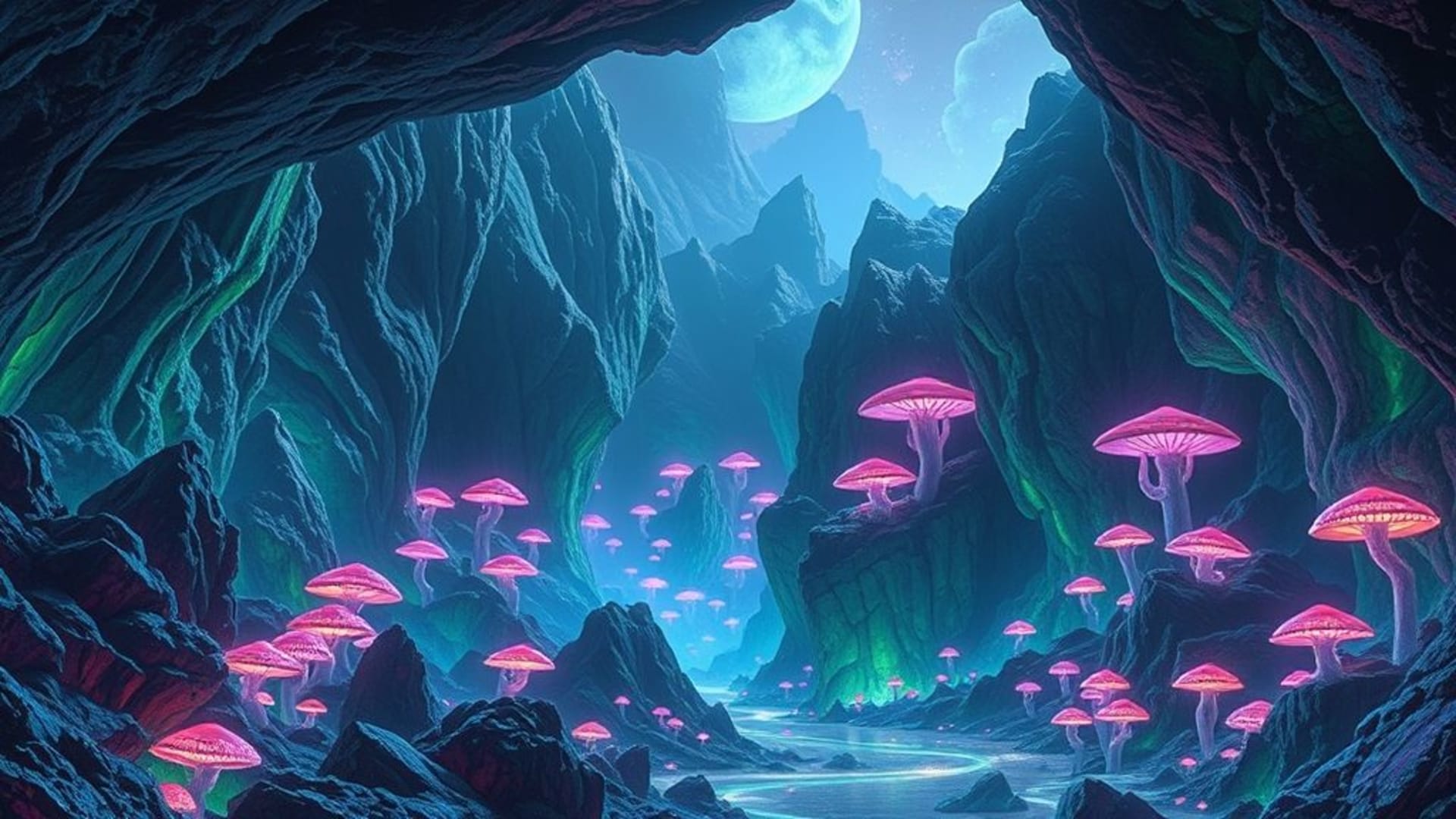 paysage extraterrestre de biome alien, grottes de cristal, forêt bioluminescente, paysage de fantasy sombre, décor d'un autre monde, forêt de champignons néon, surface d'une planète alien, champignons brillants, terrain surréaliste, canyon cosmique, roches chromatiques