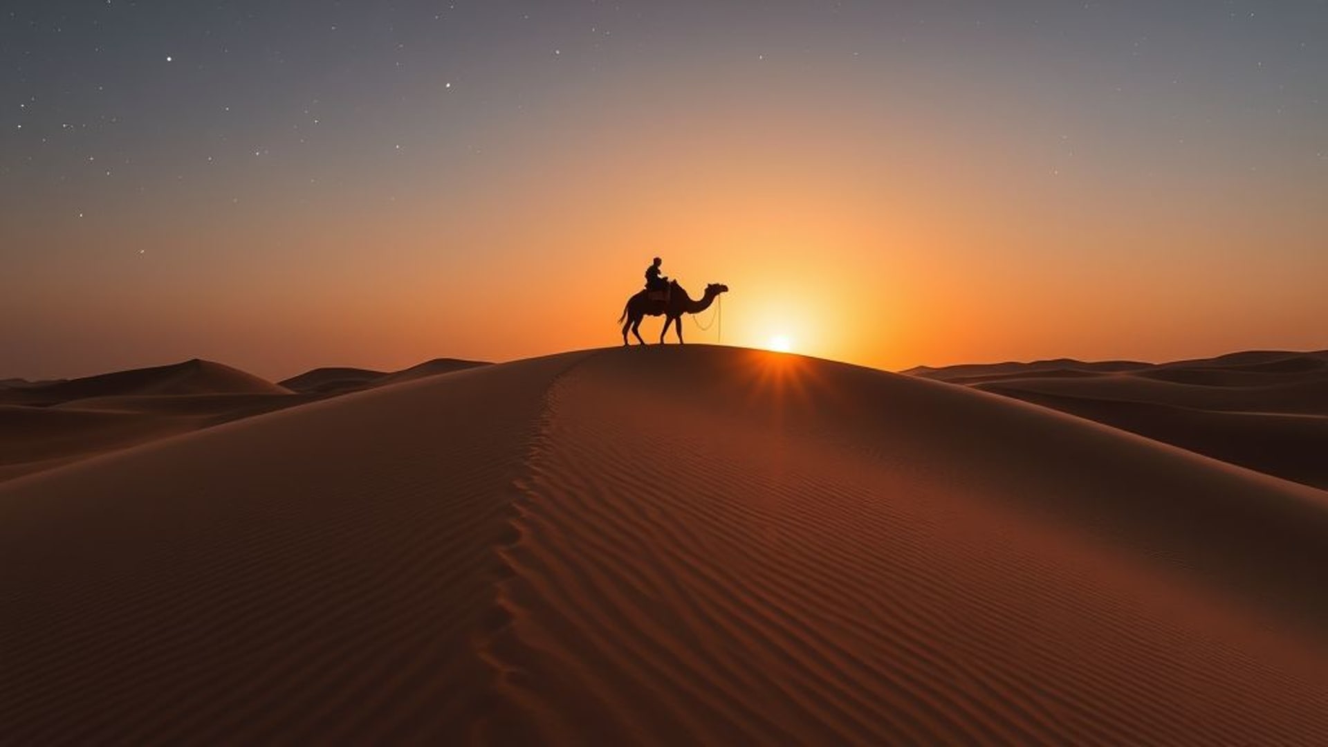 Dunes du désert, dunes de sable, coucher de soleil, silhouette de chameau dans le désert, nuit étoilée dans le désert, motif désertique, dunes sculptées par le vent, mirage, désert doré, paysage aride, textures de dunes, voyageur silhouetté