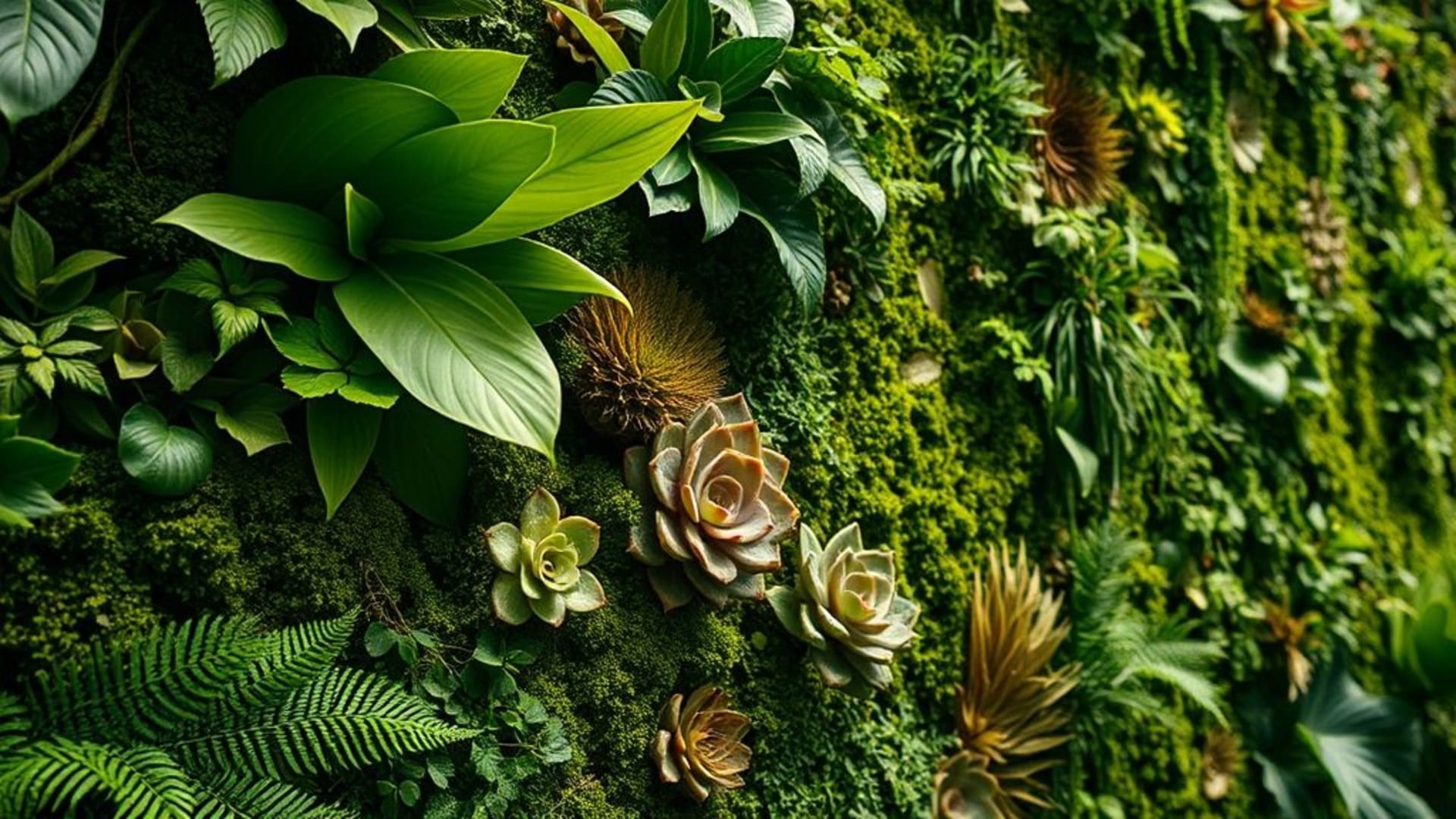 design biophile mur végétal plantes gros plan feuille de fougère mousse mur succulentes jungle intérieure fond ecran botanique ambiance forêt pluviale texture de feuille luminescence de chlorophylle nature à l'intérieur