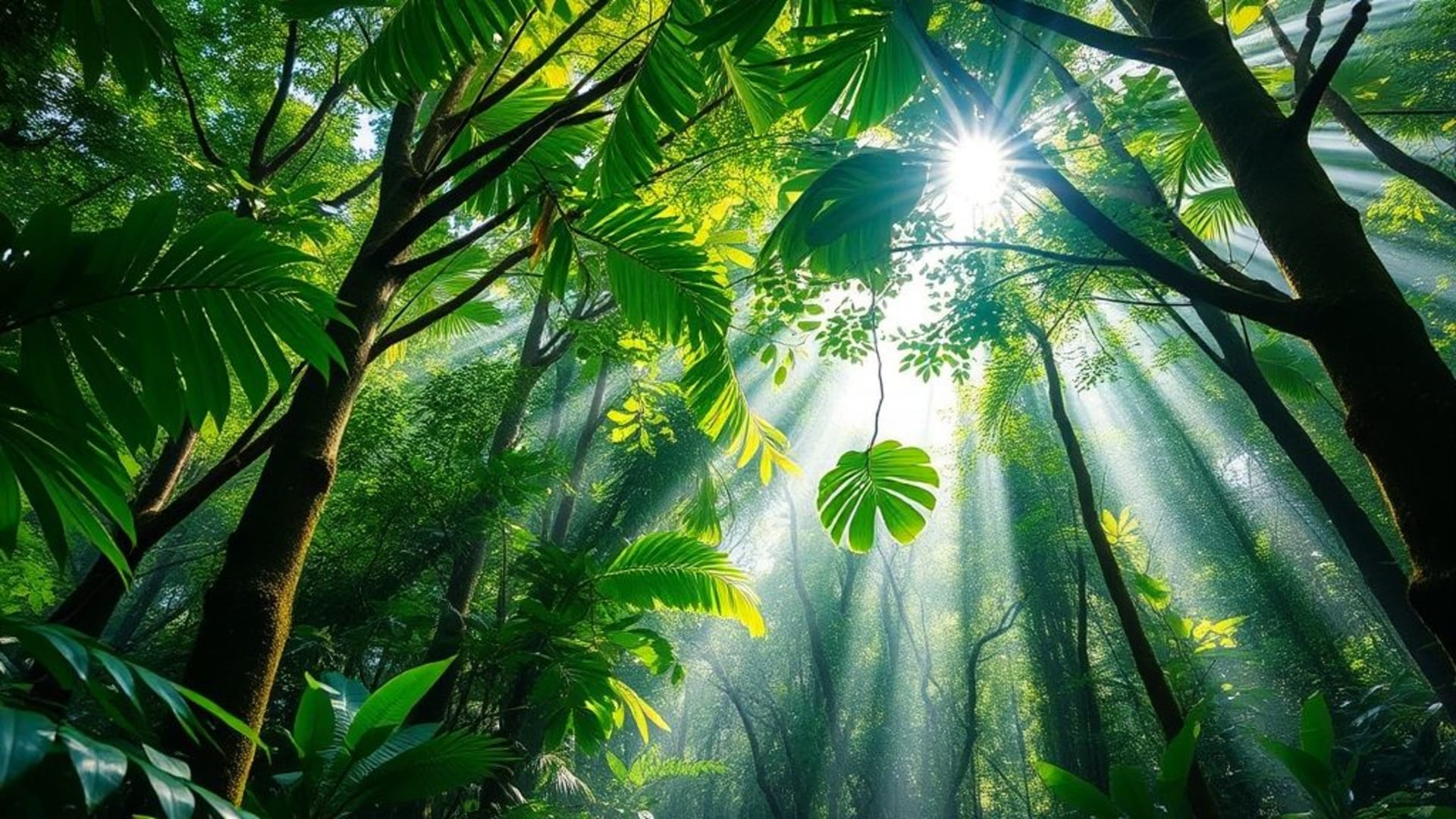 canopée de la forêt tropicale pluviale lumière de rayon de soleil à travers les feuilles lumière tachetée sol de la forêt feuillage vert émeraude débris de feuilles troncs mousseux pluie effet végétation luxuriante lumière tropicale atmosphère humide
