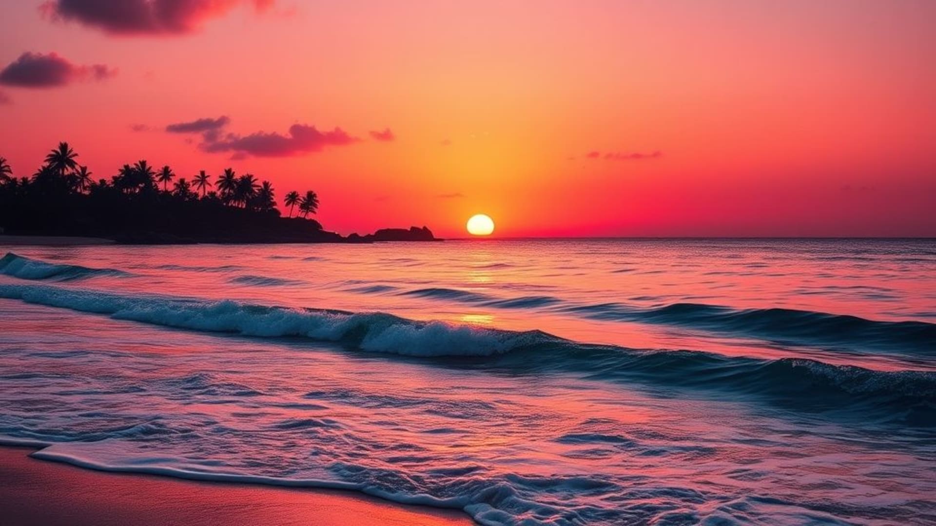 plage au coucher du soleil vagues de l'océan silhouettes de palmiers dégradé chaud orange rose fond ecran vif tropical calme serein
