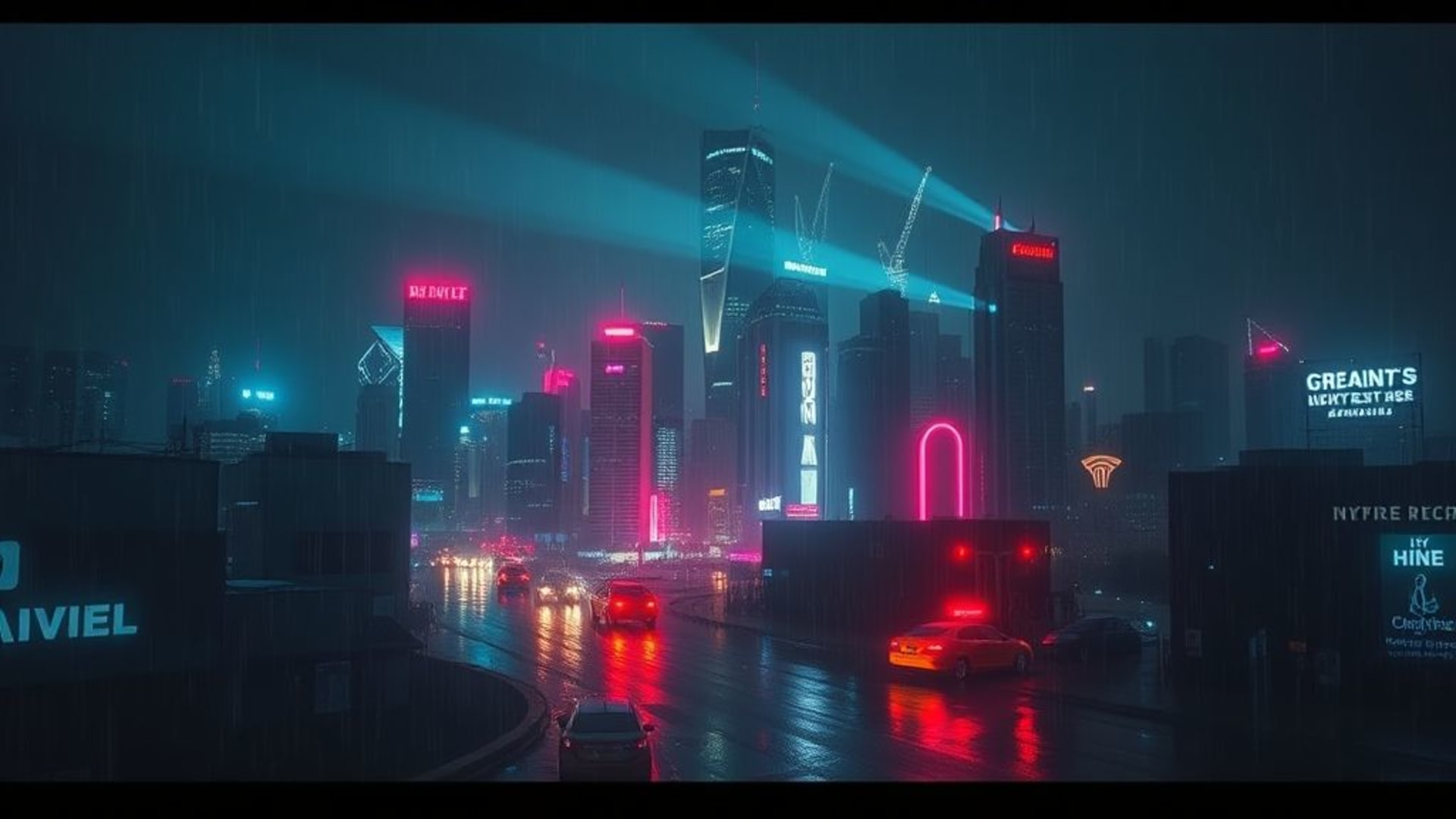 lumières nocturnes de la ville horizon néon ambiance pluie reflets cyberpunk futur rétro synthwave