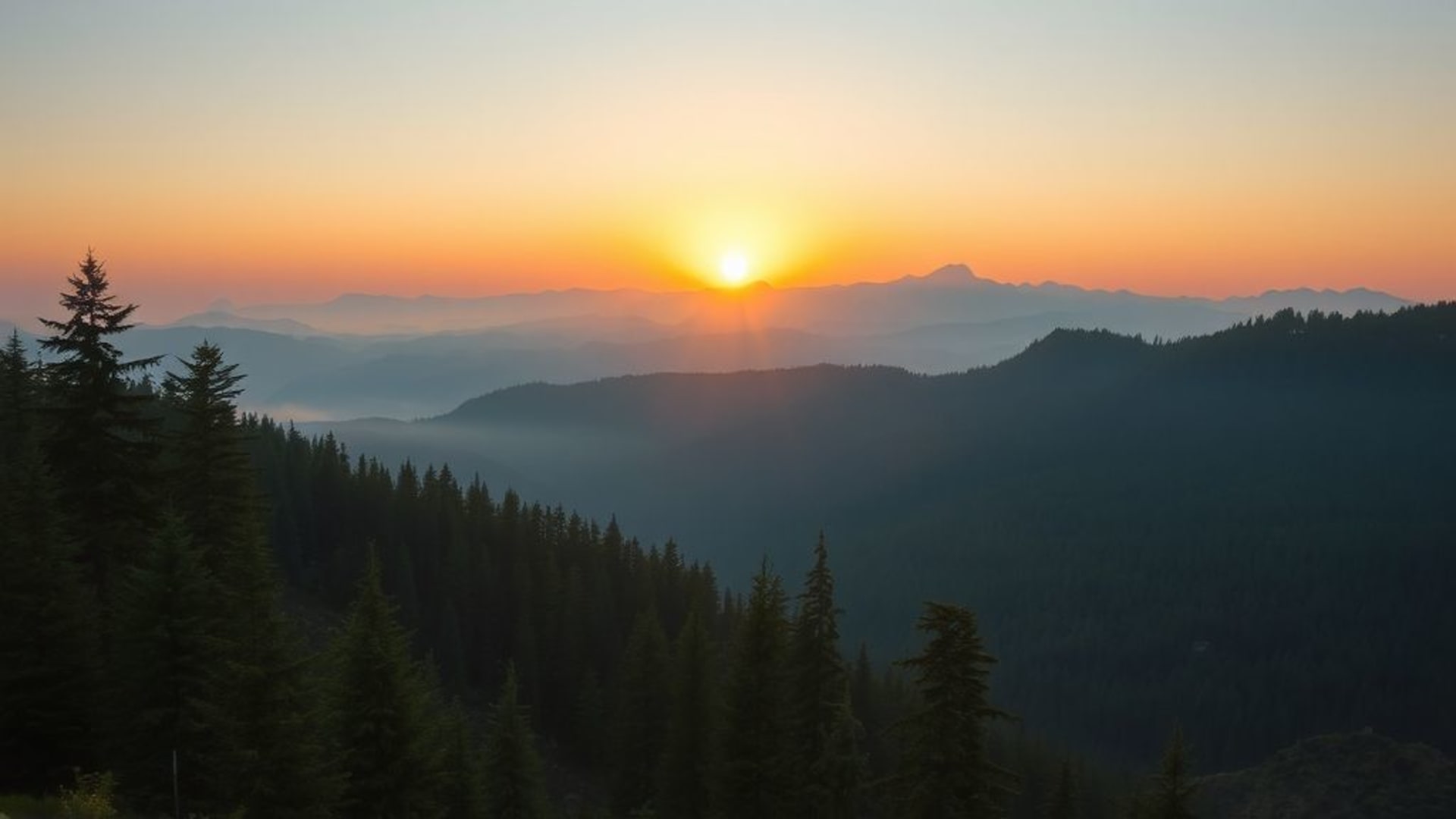paysage de montagne au lever du soleil scène alpine pics brumeux forêt sempervirente forêt tranquille haute résolution