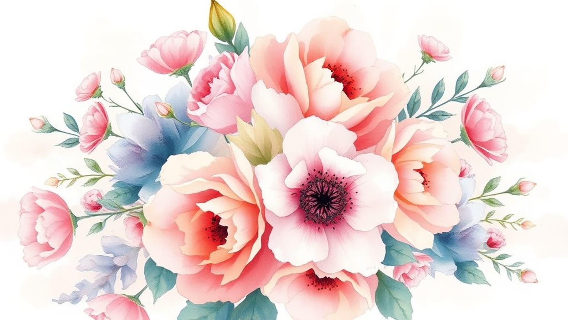 bouquet de fleurs en aquarelle avec des pétales pastel doux texture picturale romantique féminine fond ecran