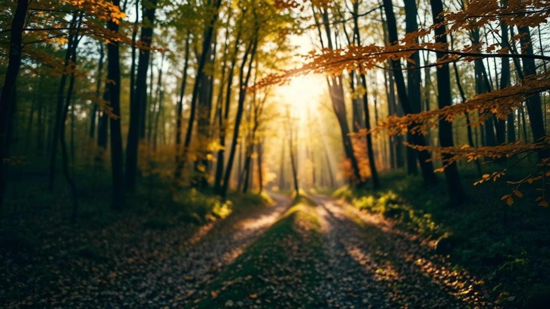 Sentier forestier, feuilles d'automne, lumière du soleil, flou artistique, forêt, jour, apaisant, nature