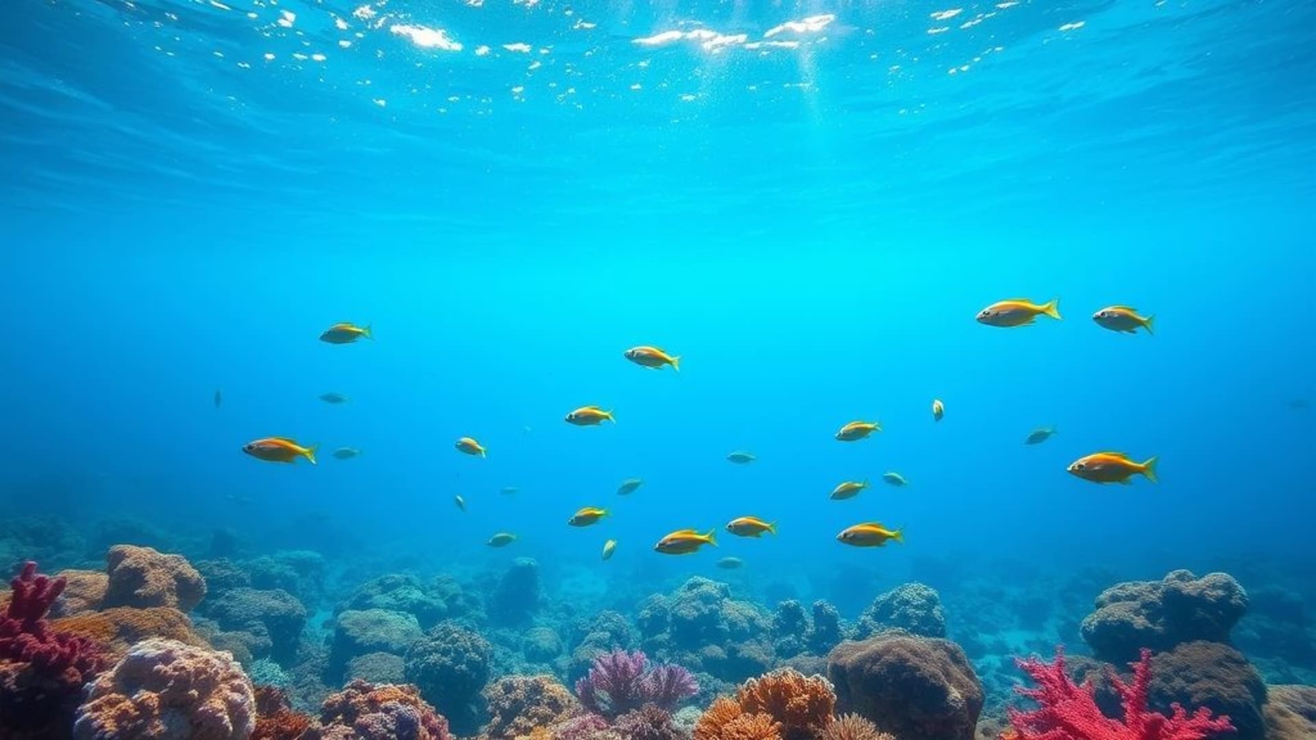 Barrière de corail sous-marine, poissons tropicaux, corail bleu turquoise, dégradé, vif, fond ecran