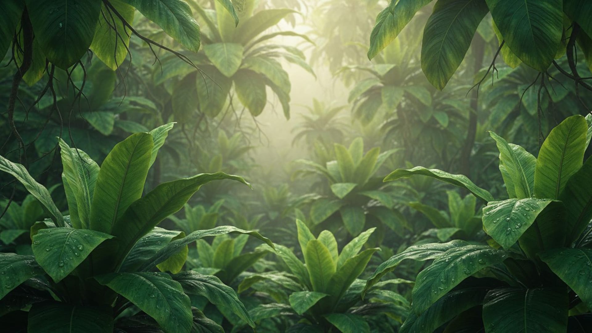 Jungle tropical, feuilles émeraude, soleil brumeux, flou, fond ecran, feuillage vert.