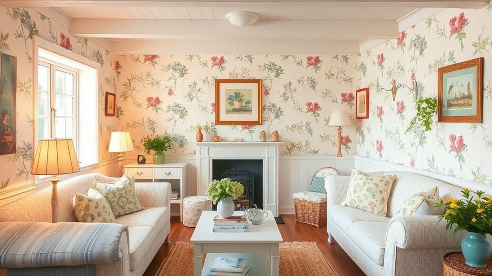 intérieur de cottage chaleureux et accueillant au style cottage cozy, avec des teintes pastel, un fond ecran botanique