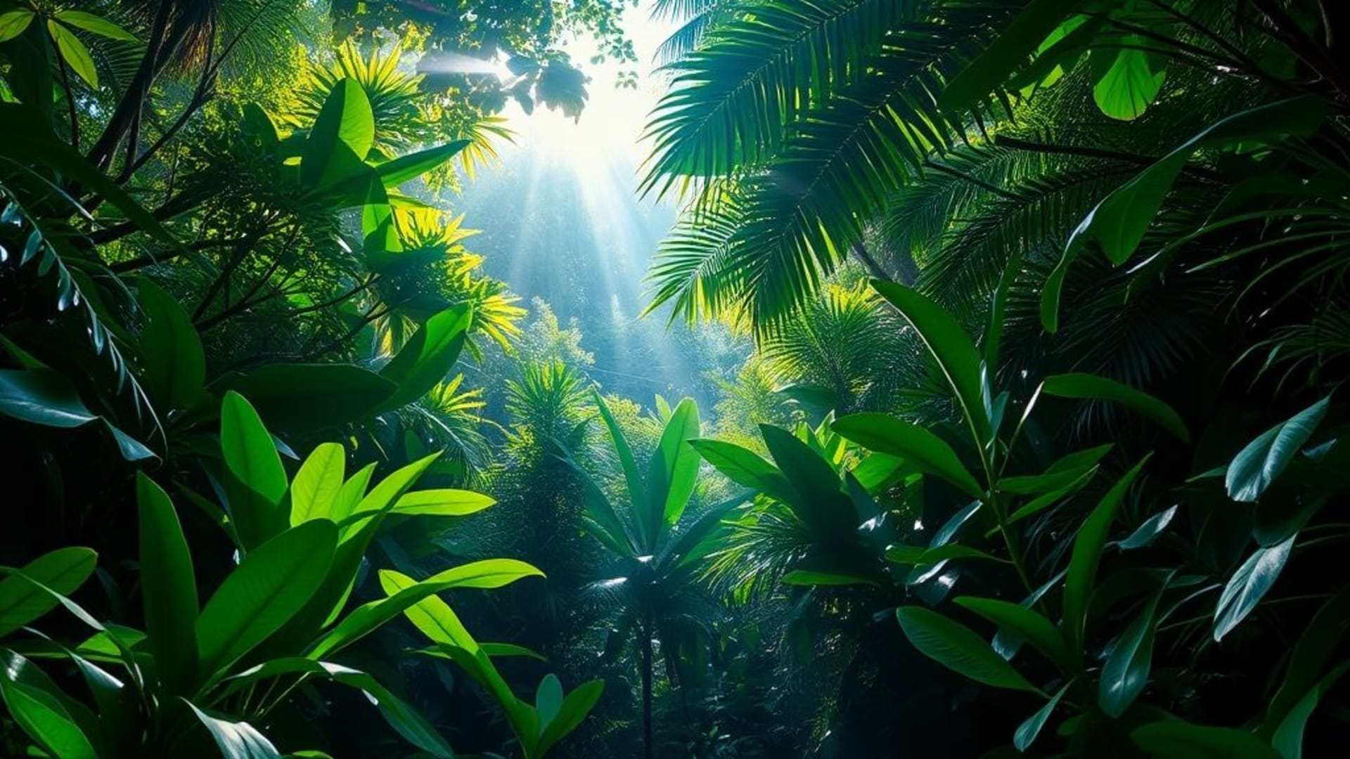 forêt tropicale jungle feuillage luxuriant feuilles canopée tropicale rayons de soleil vert fond ecran