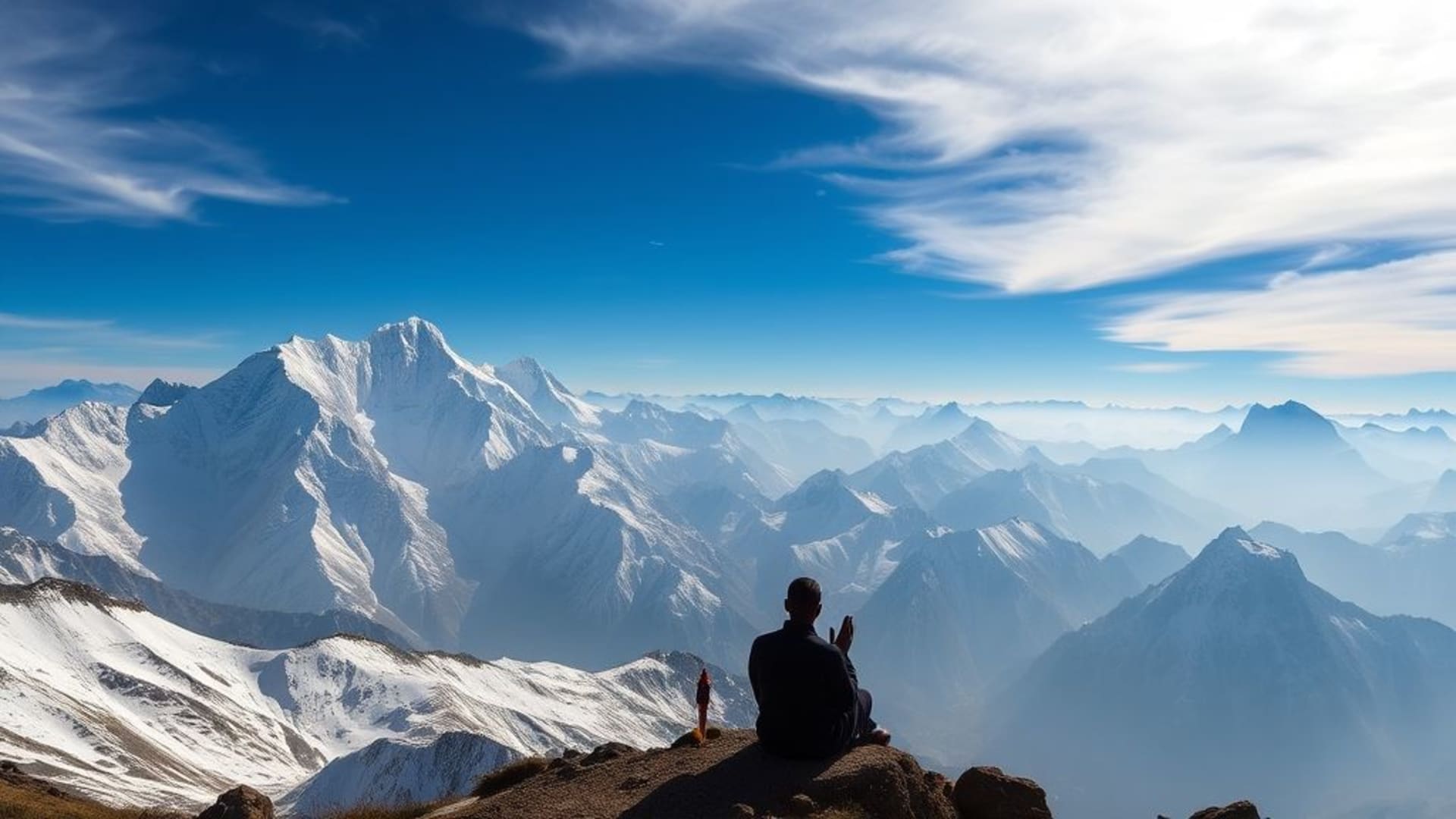 Panorama himalayen silhouette drapeaux de prière haute altitude paisible fond d'écran