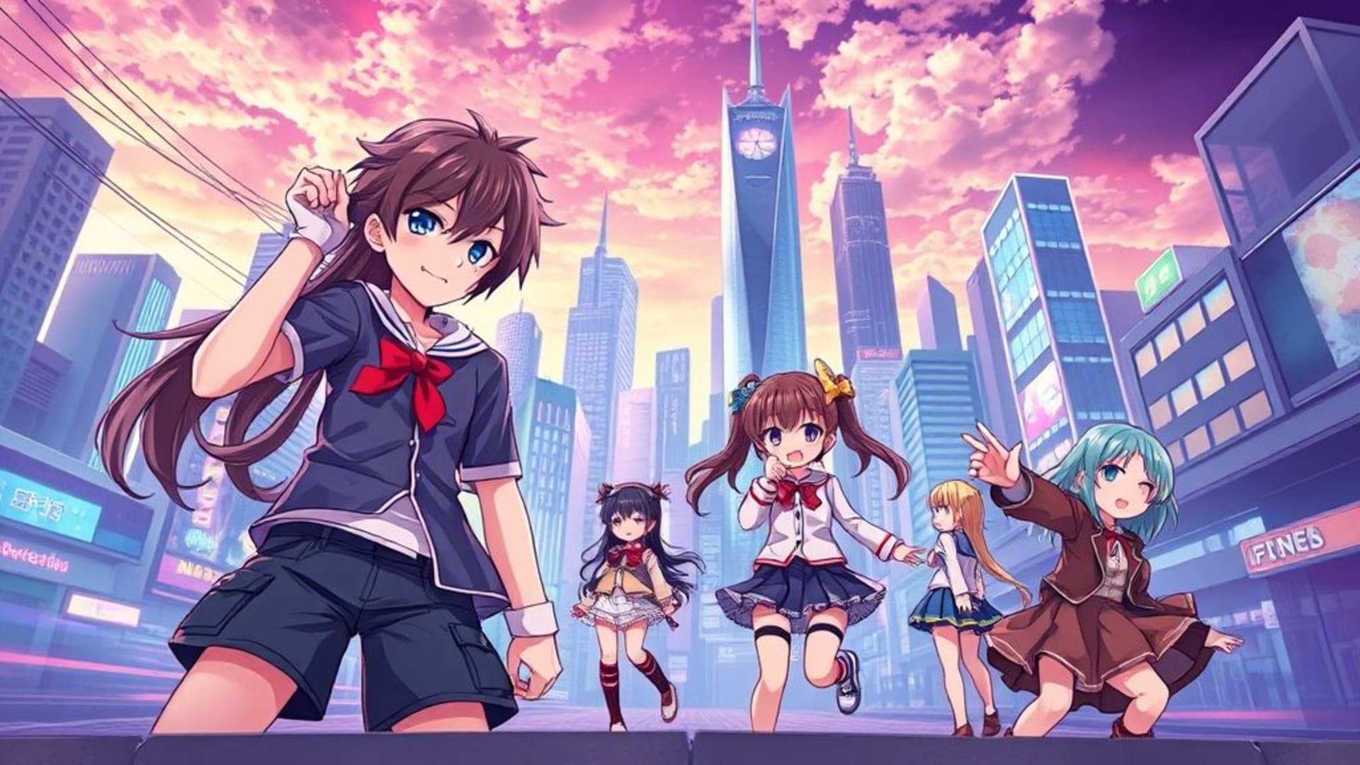 Style d'anime vibrante personnages colorés paysage urbain fanart fond d'écran mignon dynamique