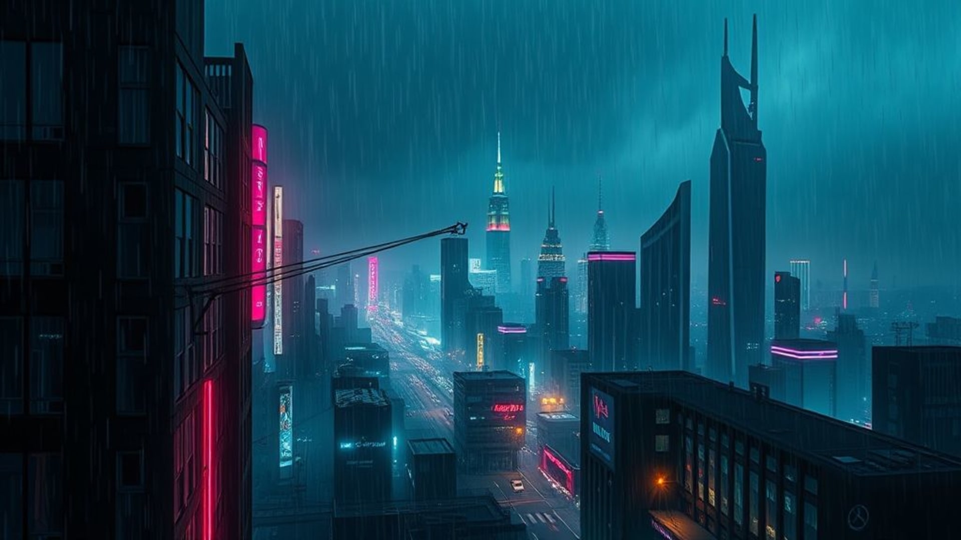 Paysage urbain futuriste sombre en hauteur avec néons, pluie, ambiance mélancolique
