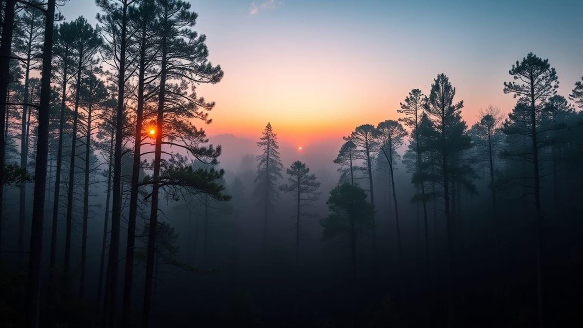 nature forêt brouillard lever de soleil heure dorée lumière chaude paysage réaliste fond d'écran haute résolution