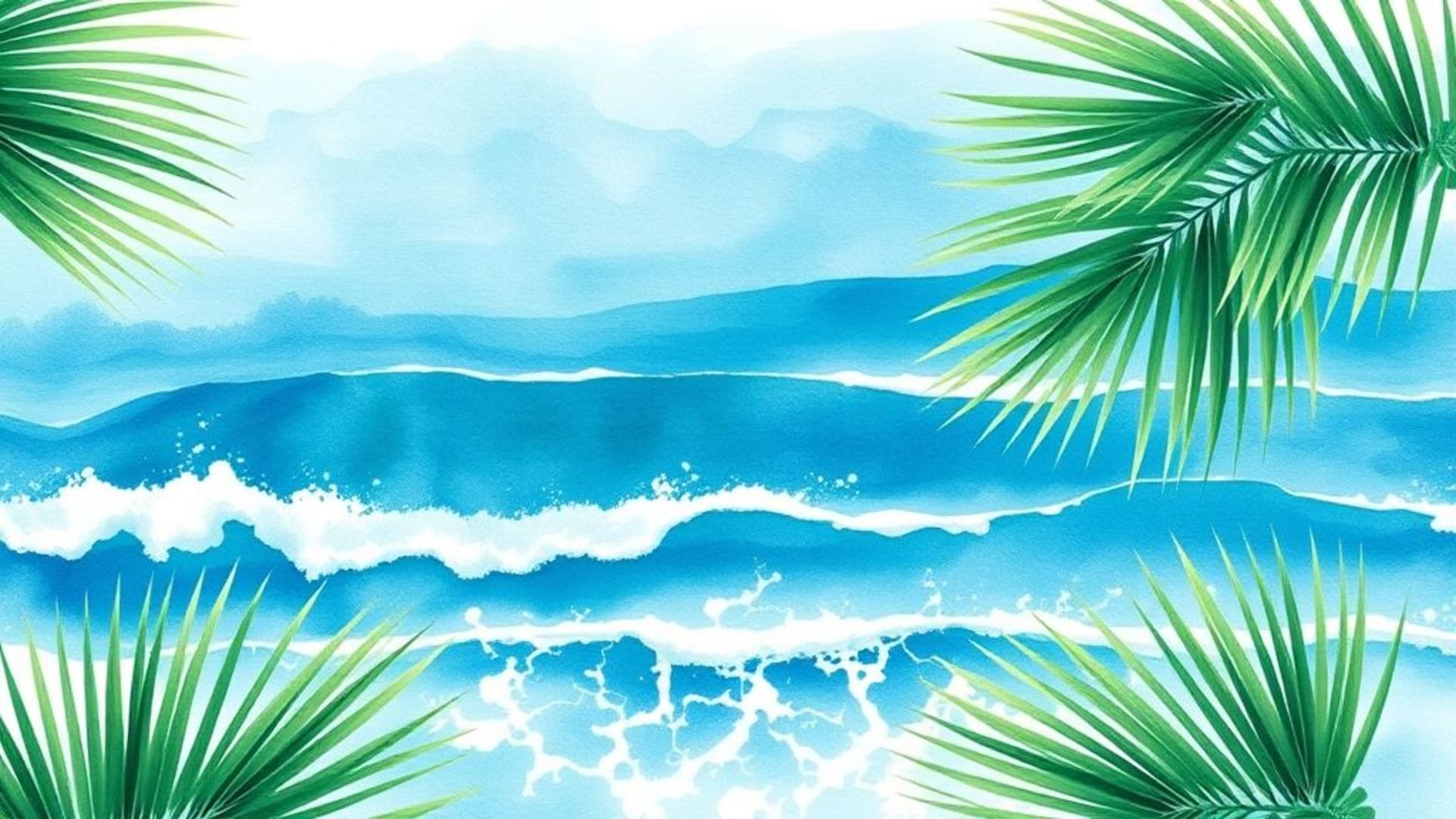 Vagues d'océan azur, feuilles de palmier tropicales, peinture à l'aquarelle, style fond ecran, océan calme