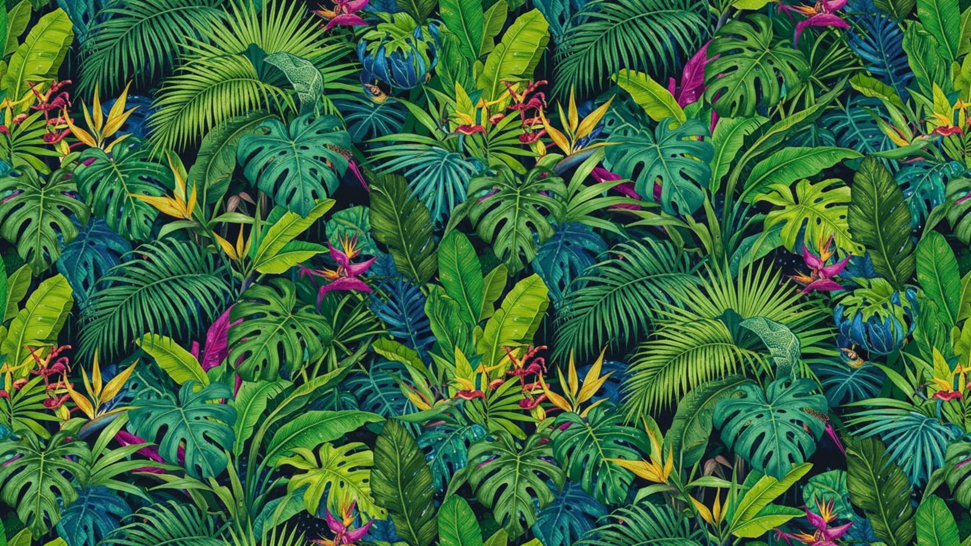 feuillage de jungle tropicale, feuilles de palmier, fond ecran de forêt tropicale, couleurs luxuriantes et vibrantes, arrière-plan exotique.