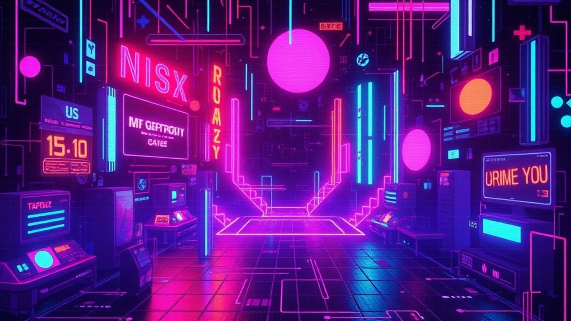 esthétique glitch ambiance jeu vidéo rétro néon panne cyberpunk fond ecran mosaïque