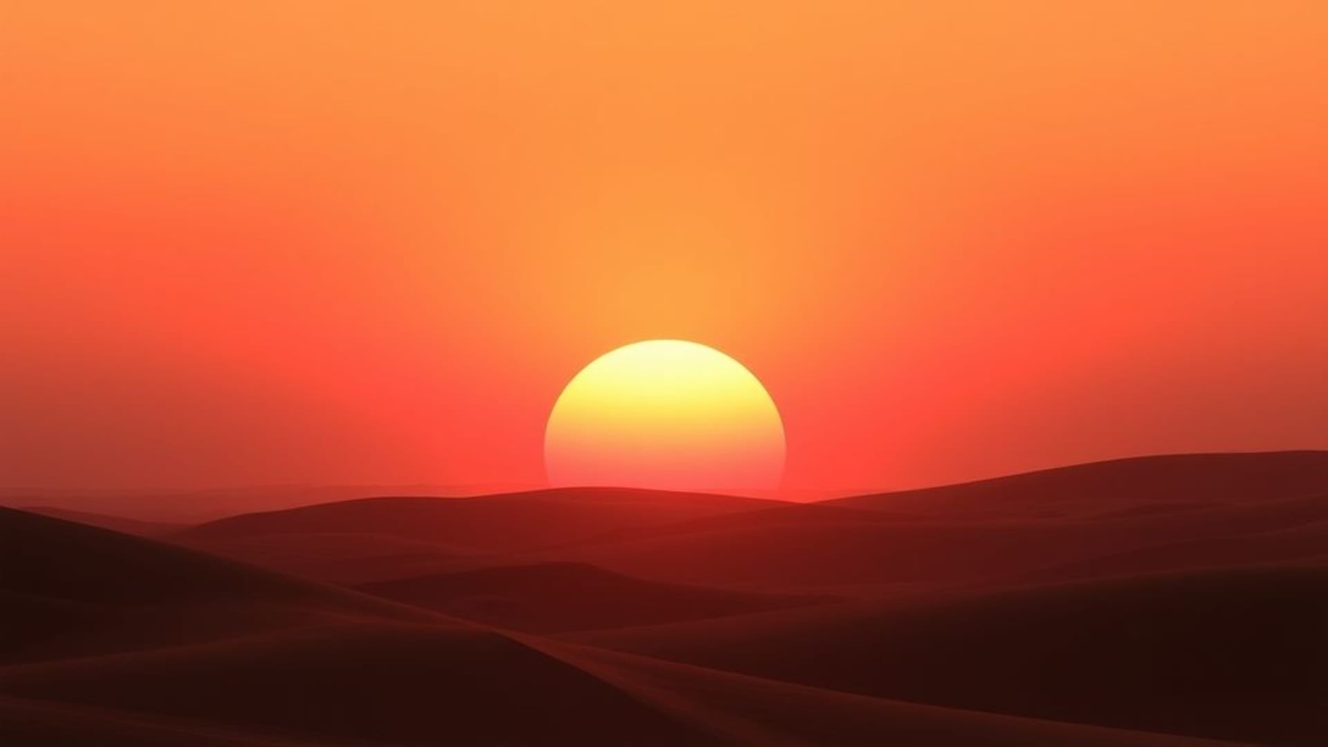 Silhouettes de dunes de désert au coucher de soleil, dégradé chaud orange rose, fond d'écran paisible