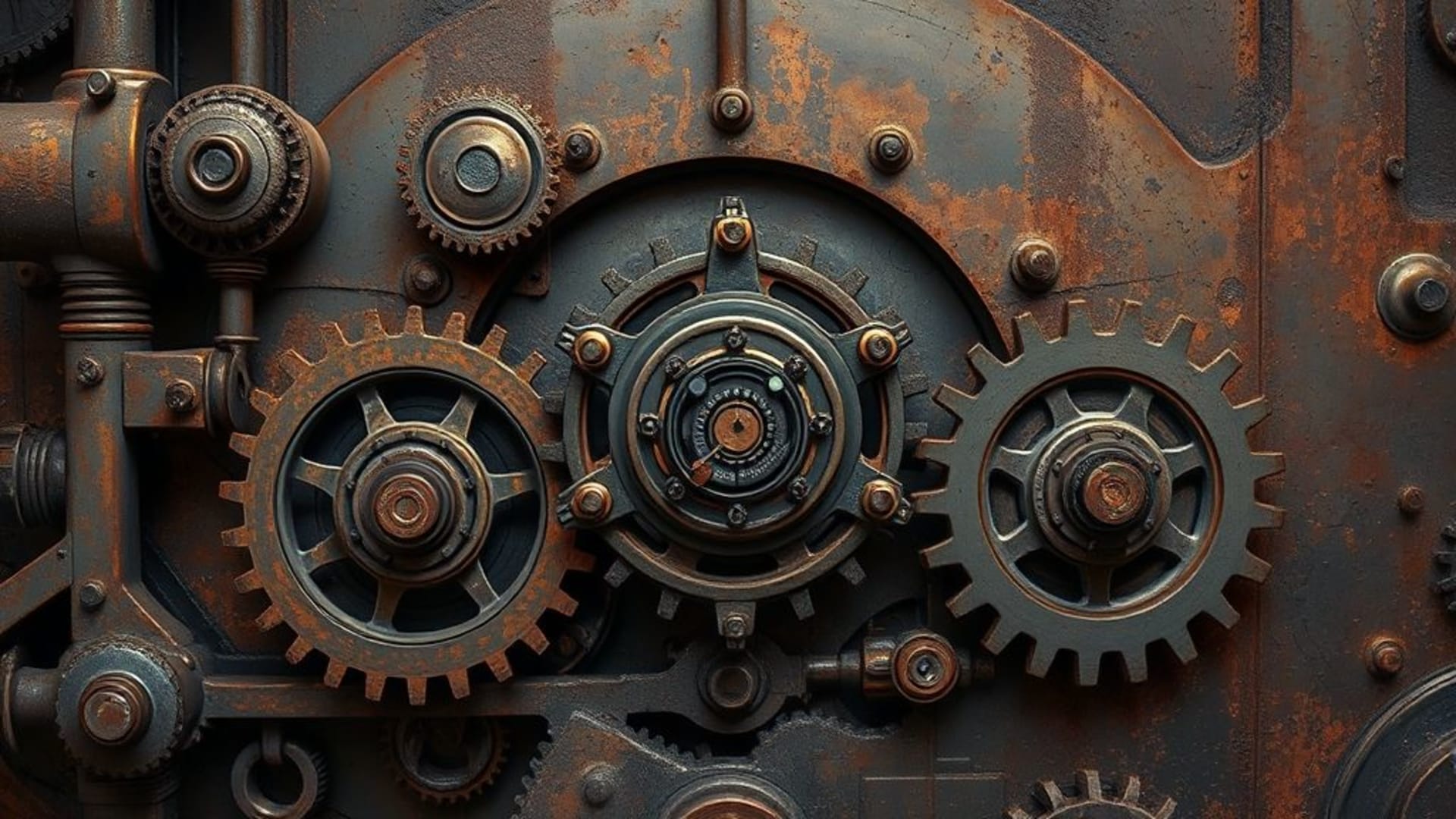 Engrenages, machinerie, style steampunk industriel vintage rouillé texture métallique sombre futuriste pour fond ecran